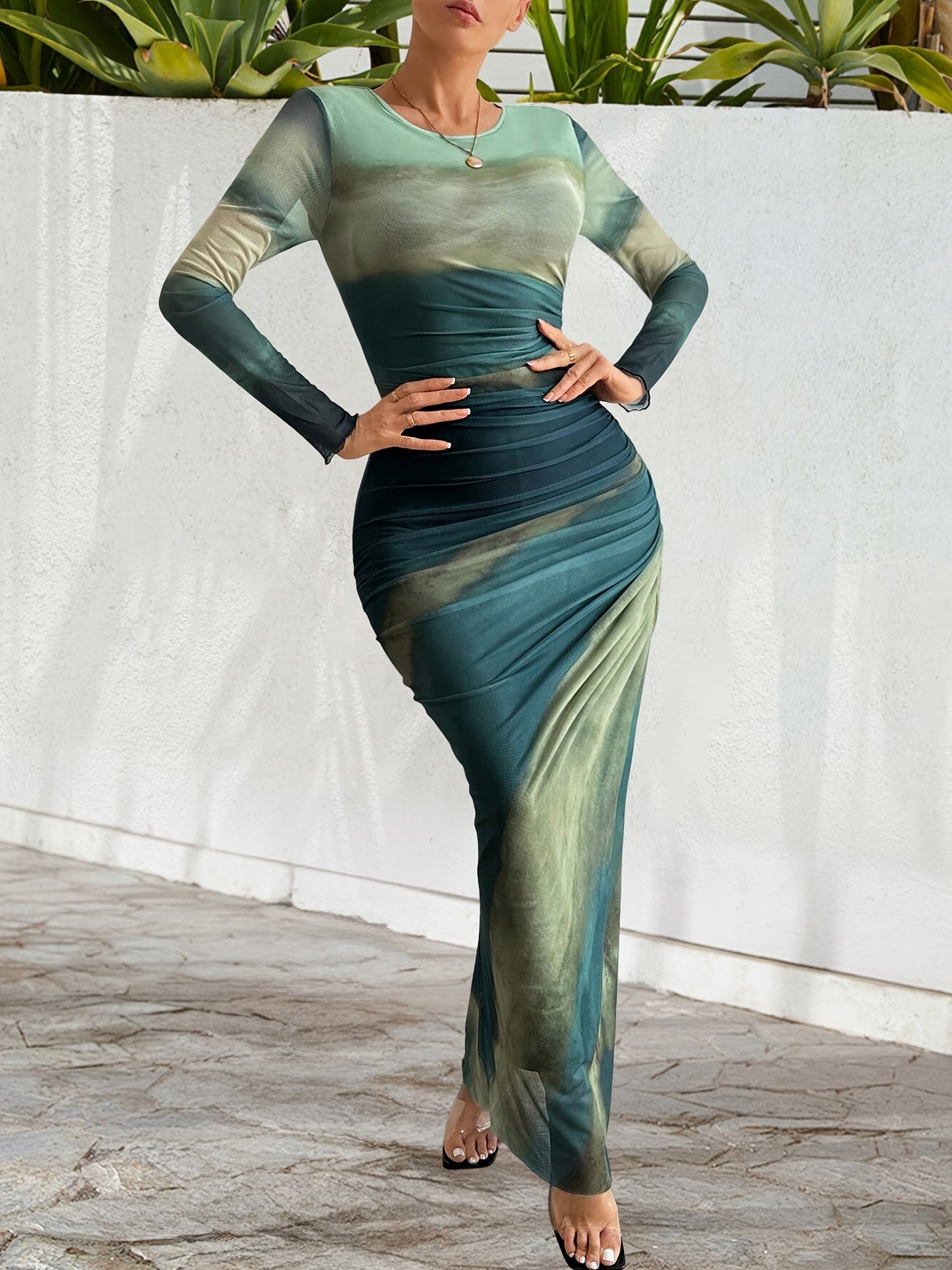 Women's Elegant Formal & Party Dress - Teal to Green Gradient, Stretchy Gauze-like Fabric, Flattering Slim Fit Mermaid-like silhouette for Evening Events, Weddings, Business Functions - Easy Hand Wash Care, Elegant Formal Dre