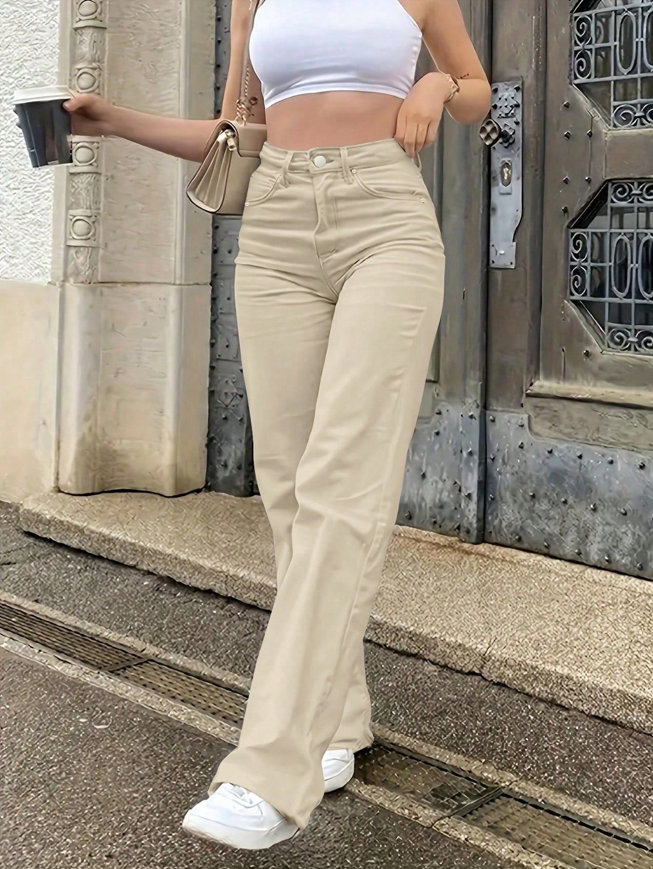 Women'S High-Waisted Straight-Leg Jeans - Stretch Denim with Pockets, Beige, Casual & Workplace Style, Mid-Rise, Flared Design, Perfect for Spring Commuting, High Waisted Jeans