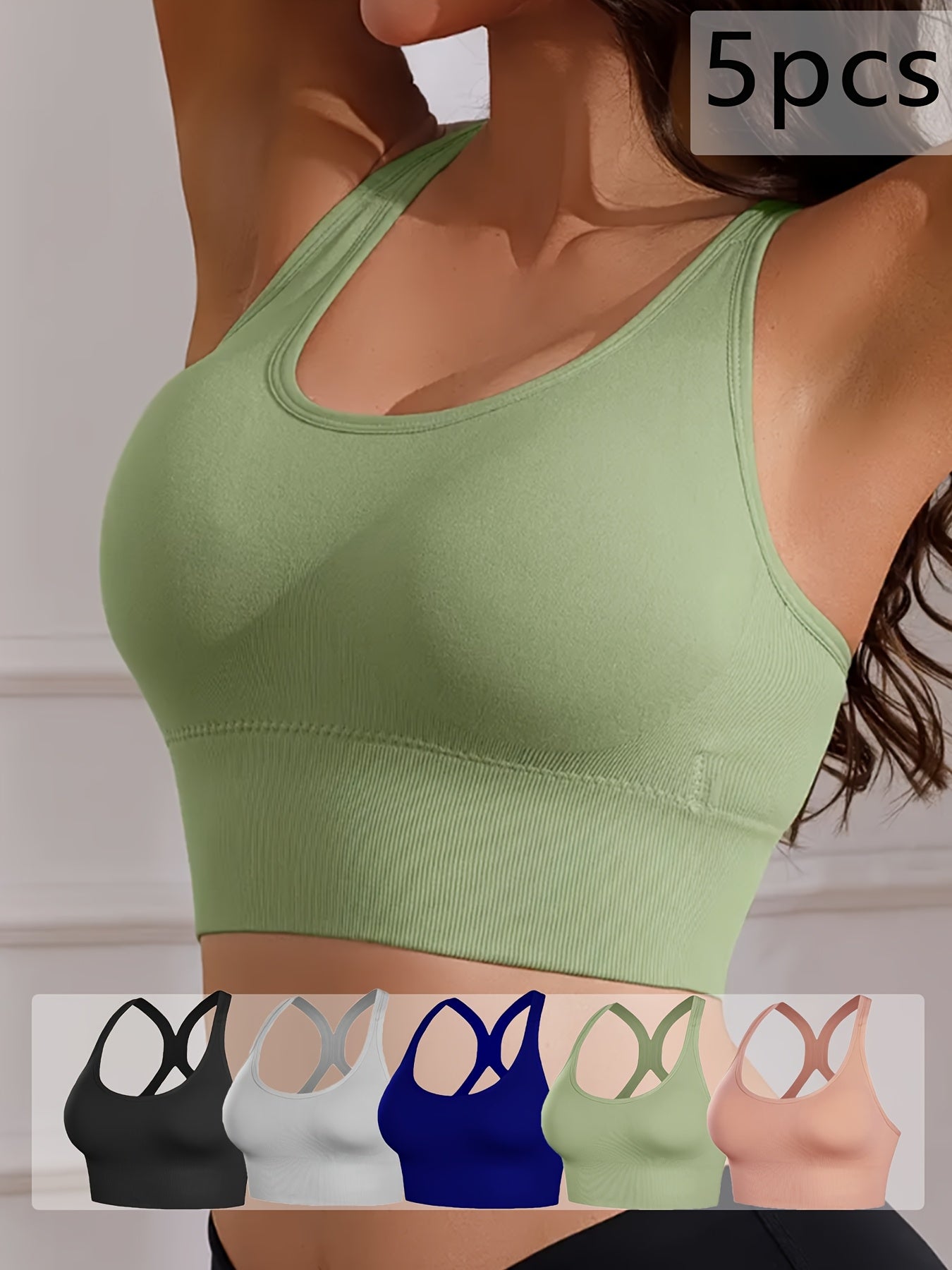 5pcs Women's X-Back Sports Bras with Removable Pads - Wire-Free Breathable High-Impact Workout Tops, Adjustable Straps & Full Coverage Support, 10 Color Options (Green, Black, White, Blue, Navy, Pink, Grey, Beige, Brown, Purp