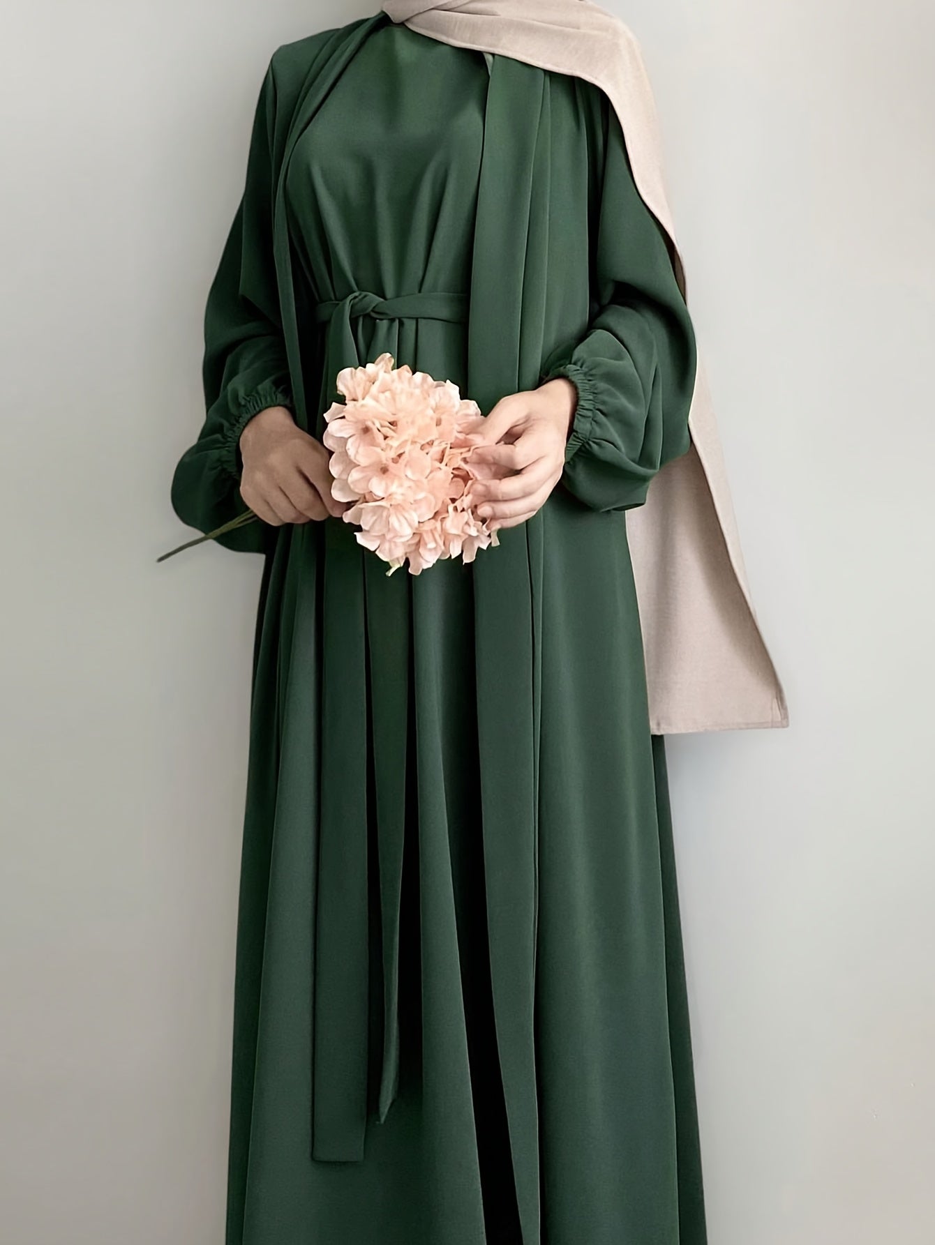 One set of sleeveless innerwear and outerwear combination in solid color, Elegant Casual polyester (polyester CEY breathable fabric) Muslim abaya for spring/summer/fall, does not include headscarf!
