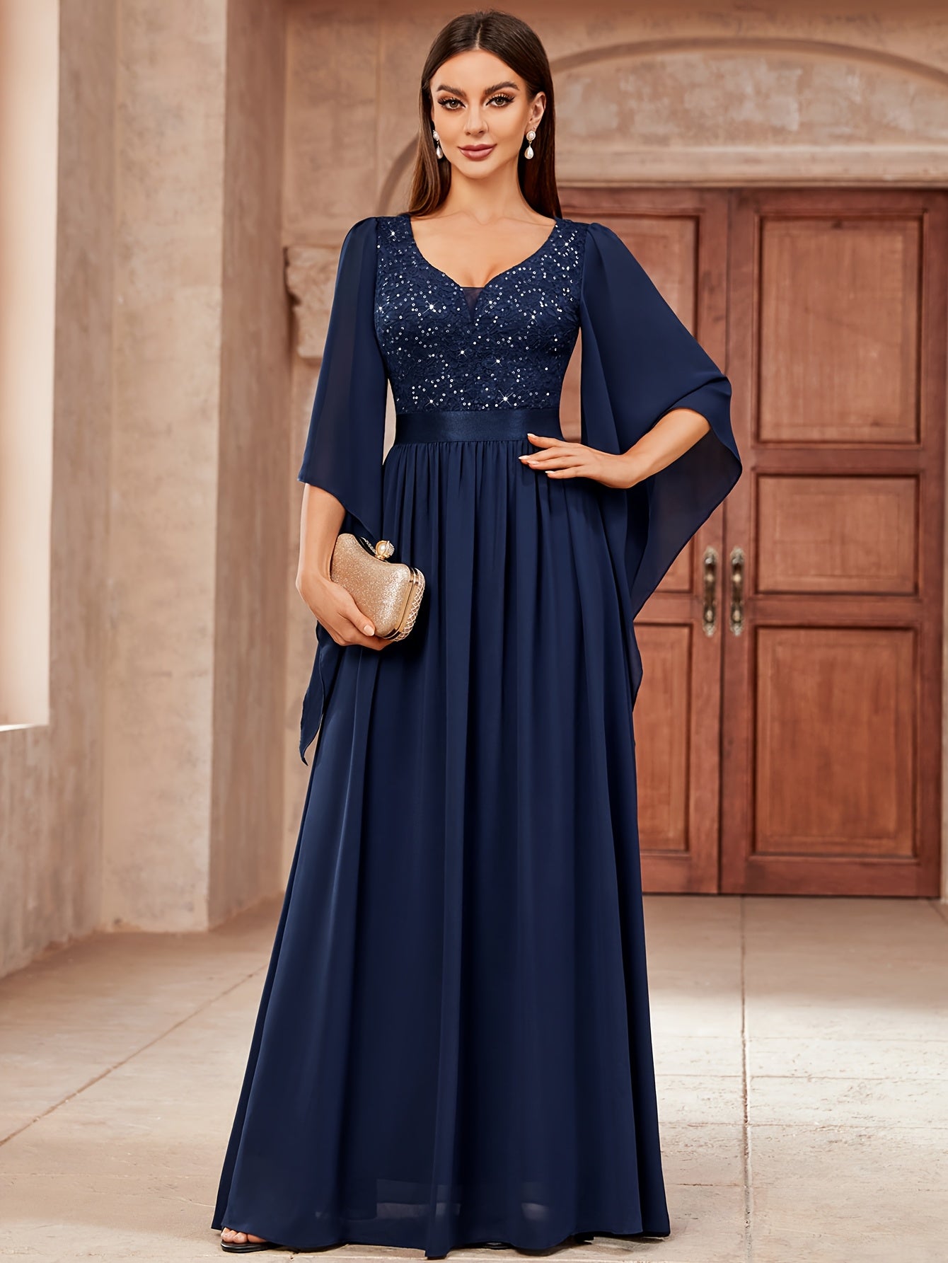 Deep V-Neck Lace Gown – Fit & Flare Sequin Dress