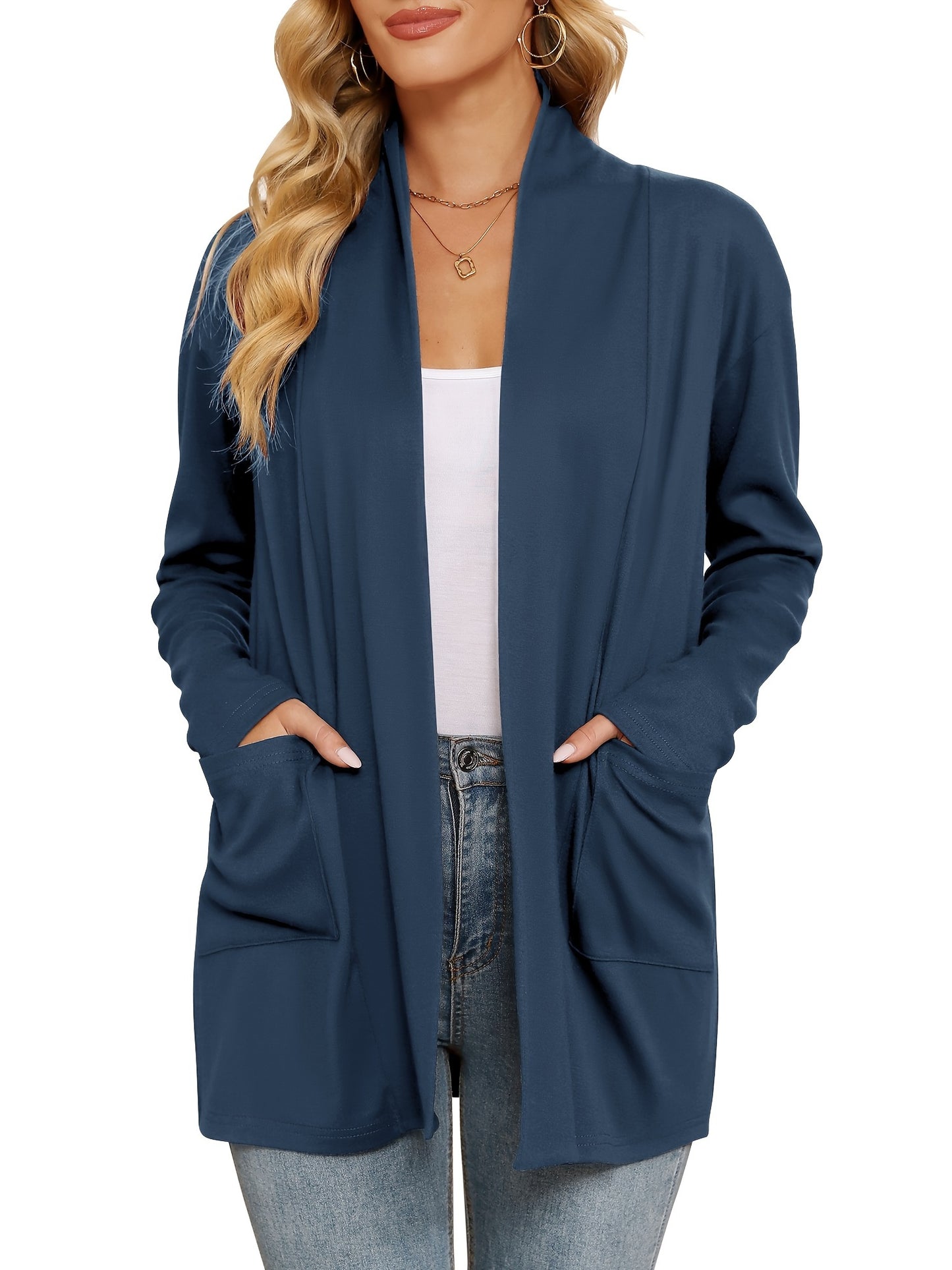 Spring & Autumn Women's Casual Solid Color Cardigan – Open Placket with Double Pocket Design