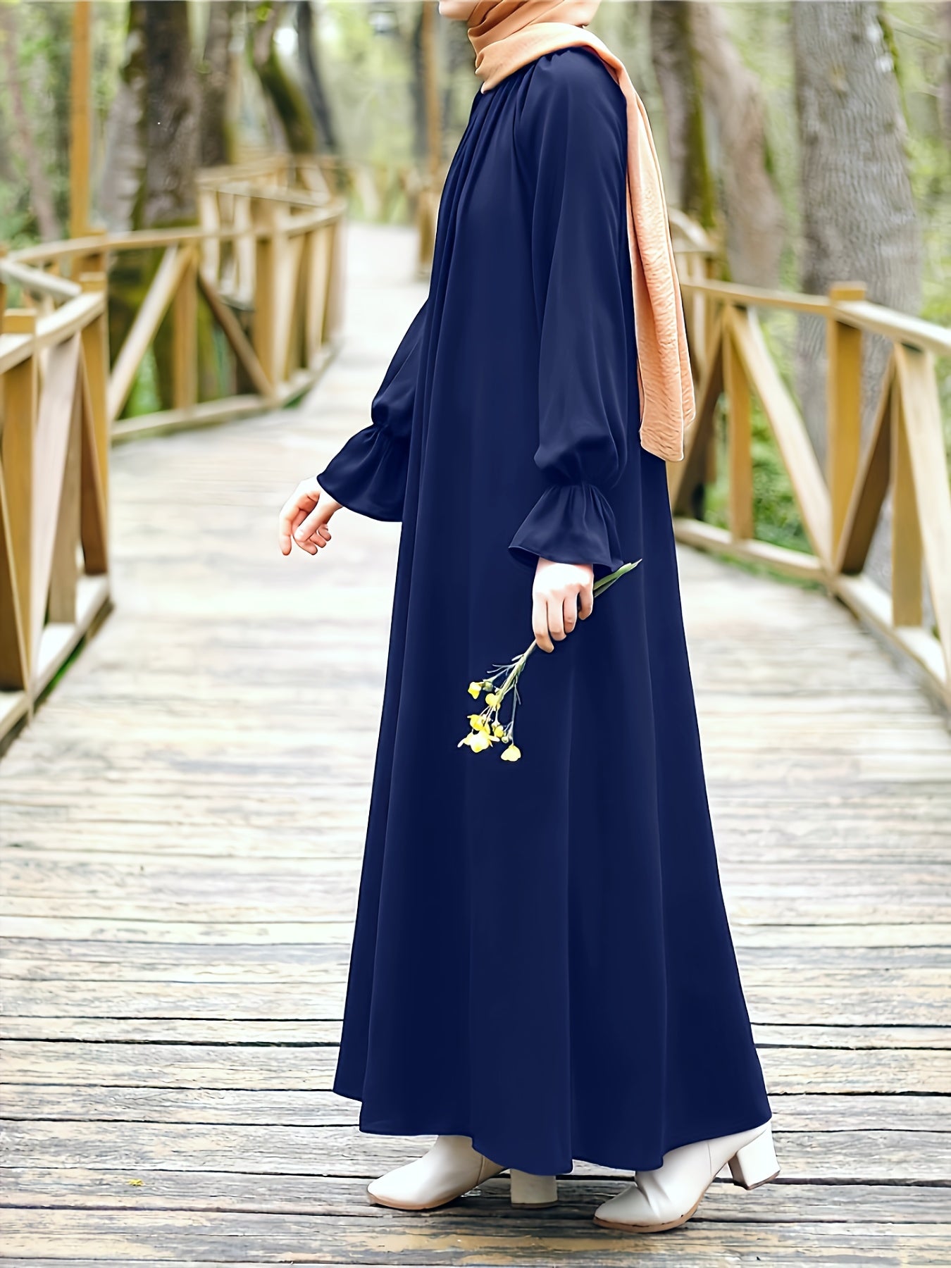Women'S Navy Blue Long Tunic Dress with Puff Sleeves - Comfortable, Solid Color, All-Season Wear, Casual Style, Casual Attire | Puff Sleeve Top | Flowy Fabric