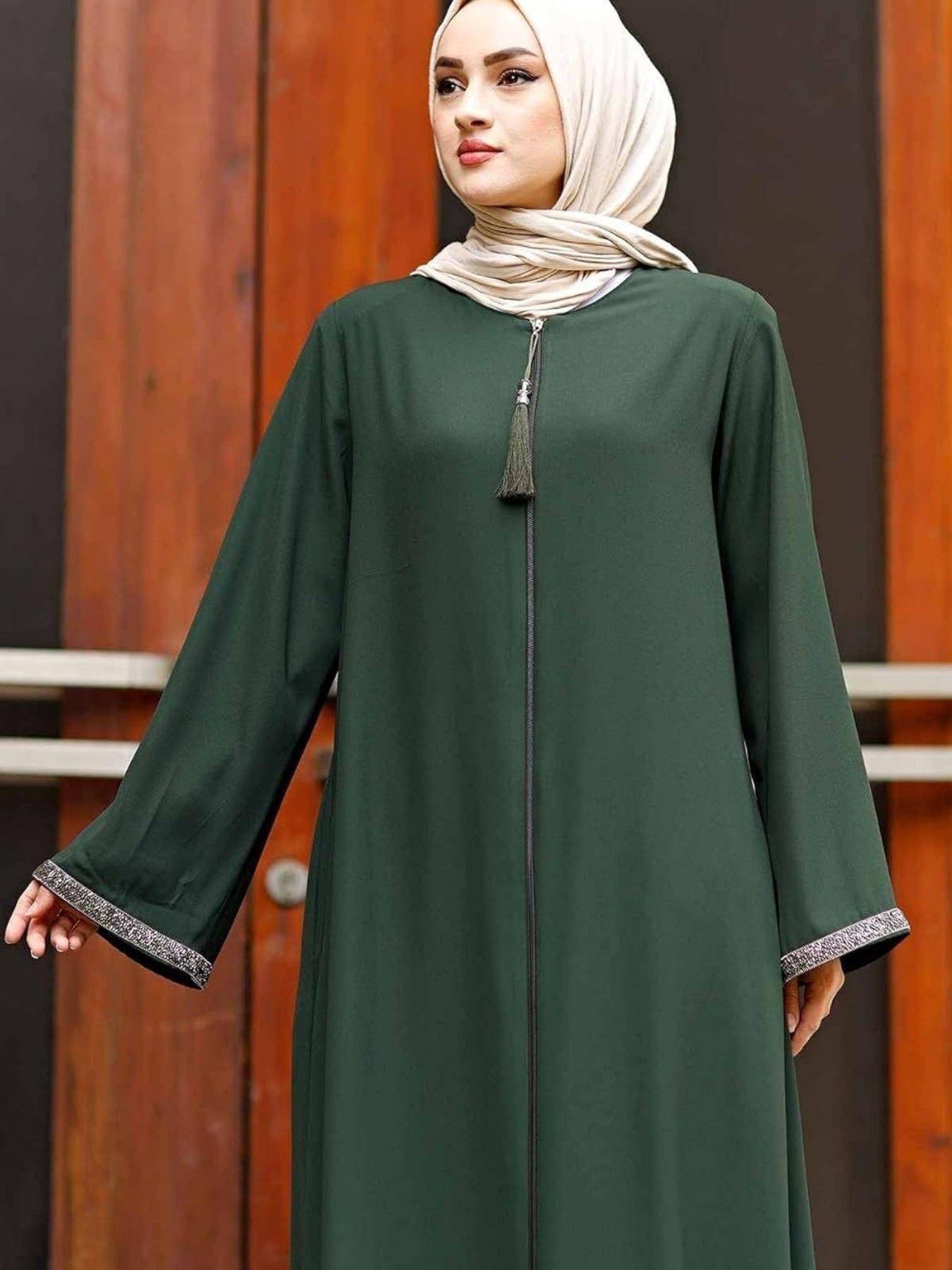 Women's Elegant Long Skirt Long Sleeve V-Neck Long Sleeve Tassel Zip Dress, Loose Boxing Prayer Dress, Machine Washable, Suitable for Eid al-Fitr, Family Celebrations and Spring and Summer Muslim Attire