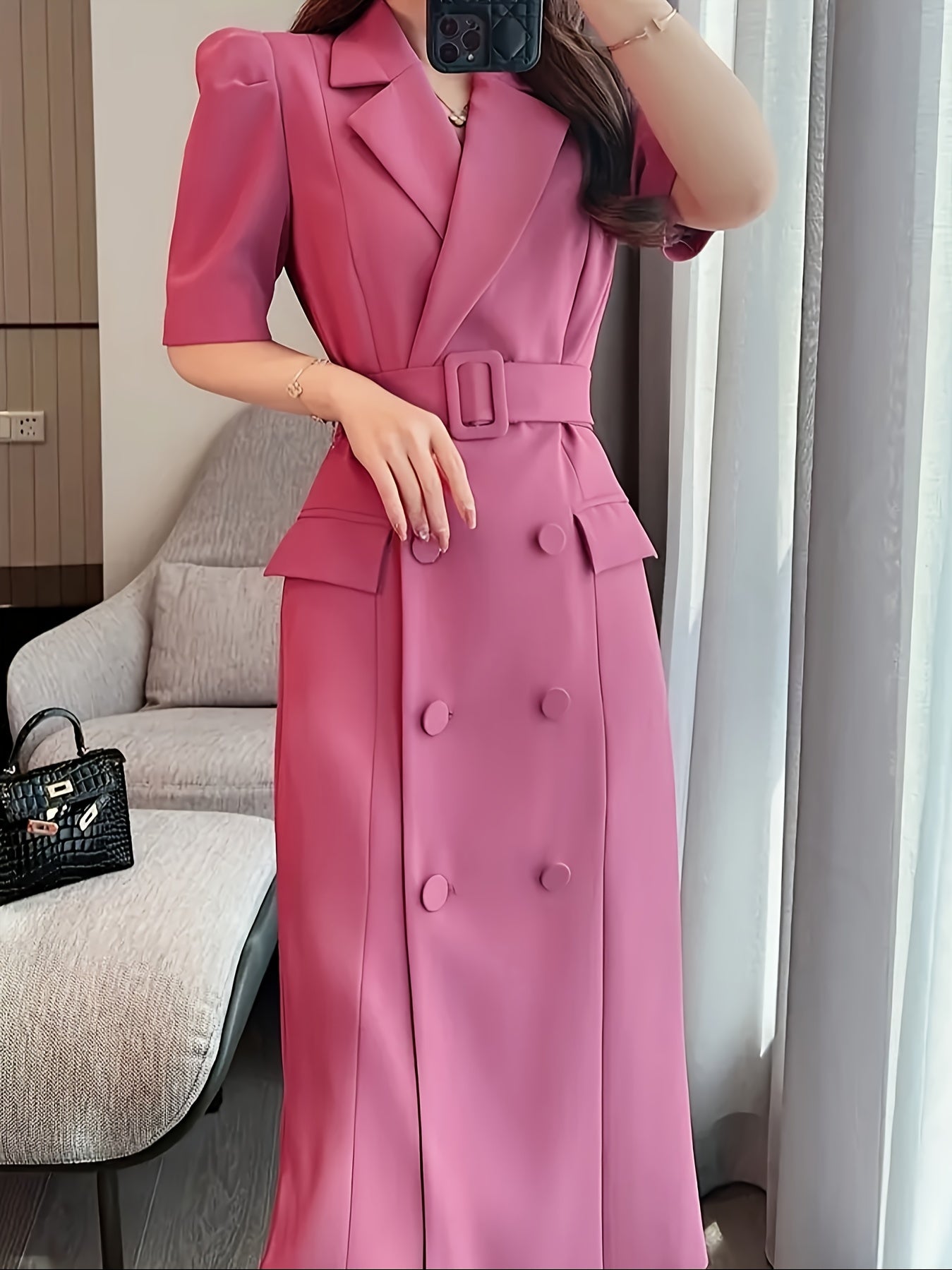 Elegant French-Inspired Magenta Pink Pencil Dress - Chic Notched Collar, Button Detail, Polyester Blend for Women, Perfect for Spring & Fall