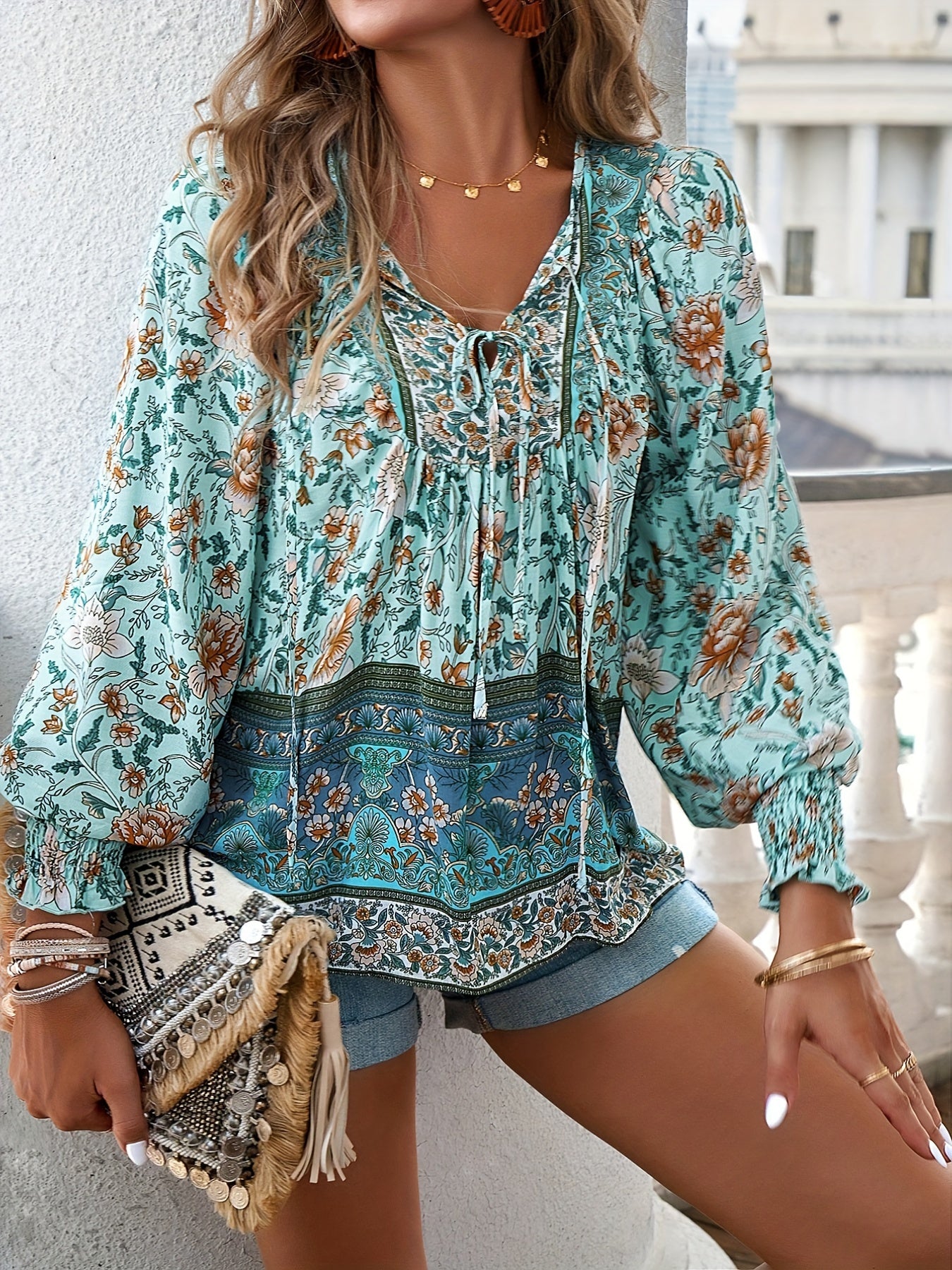 Floral Print V Neck Blouse, Casual Drawstring Long Sleeve Blouse For Spring & Fall, Women'S Clothing