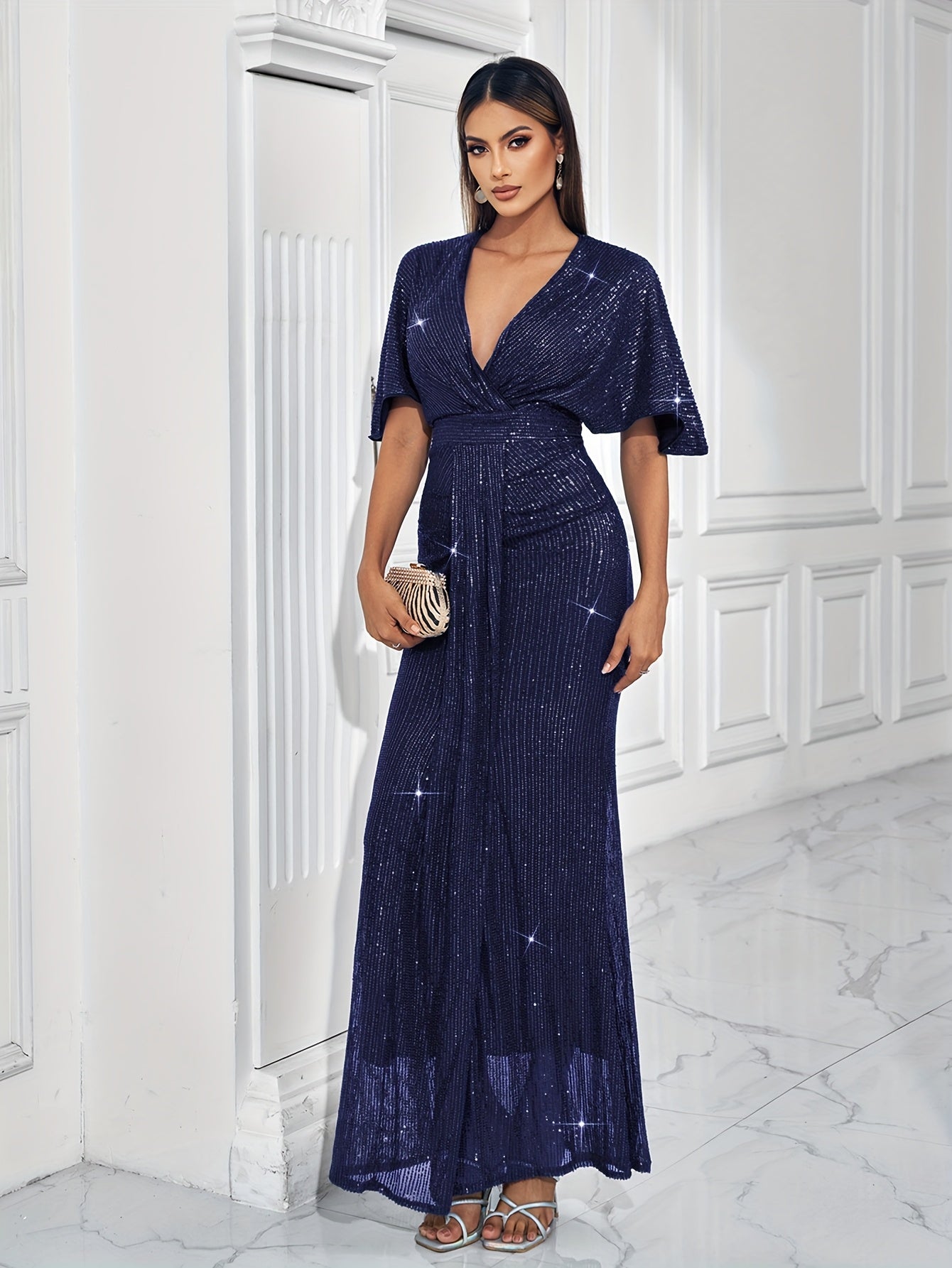Sparkling V-neck Waist Cinched Dress