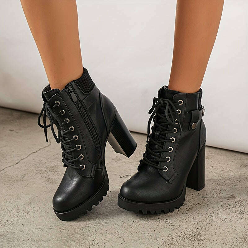 Women's Lace Up Combat Ankle Boots, High Chunky Heel Fashion Heeled Booties Shoes