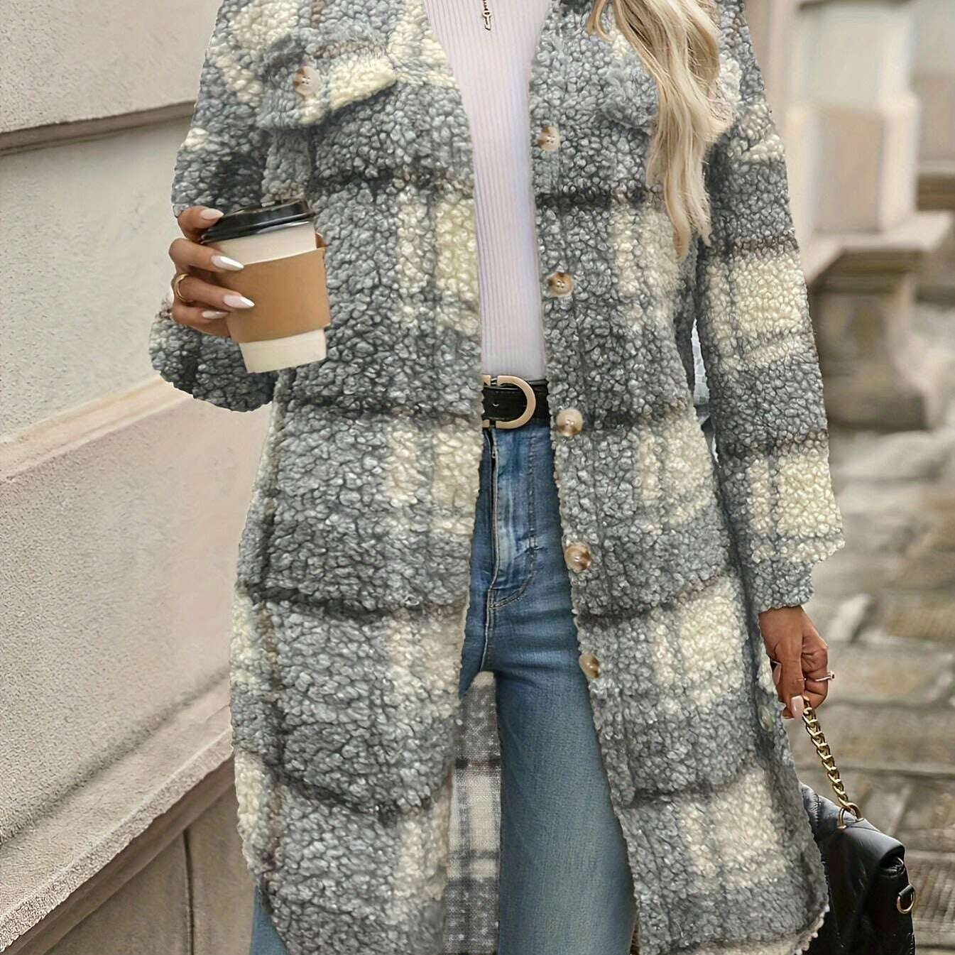 Elegant Plaid Faux Fur Coat for Women with Lapel Collar