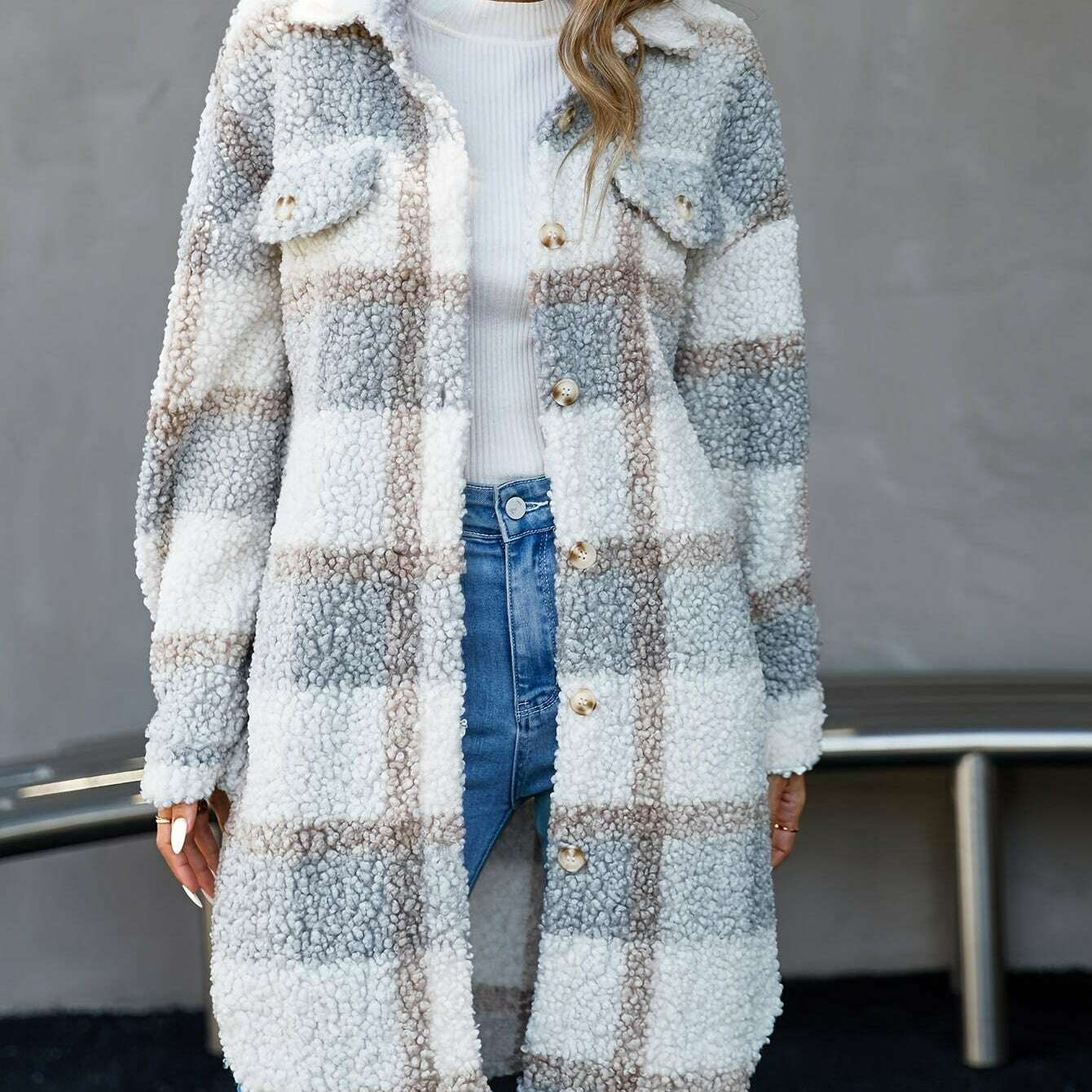 Elegant Plaid Faux Fur Coat for Women with Lapel Collar
