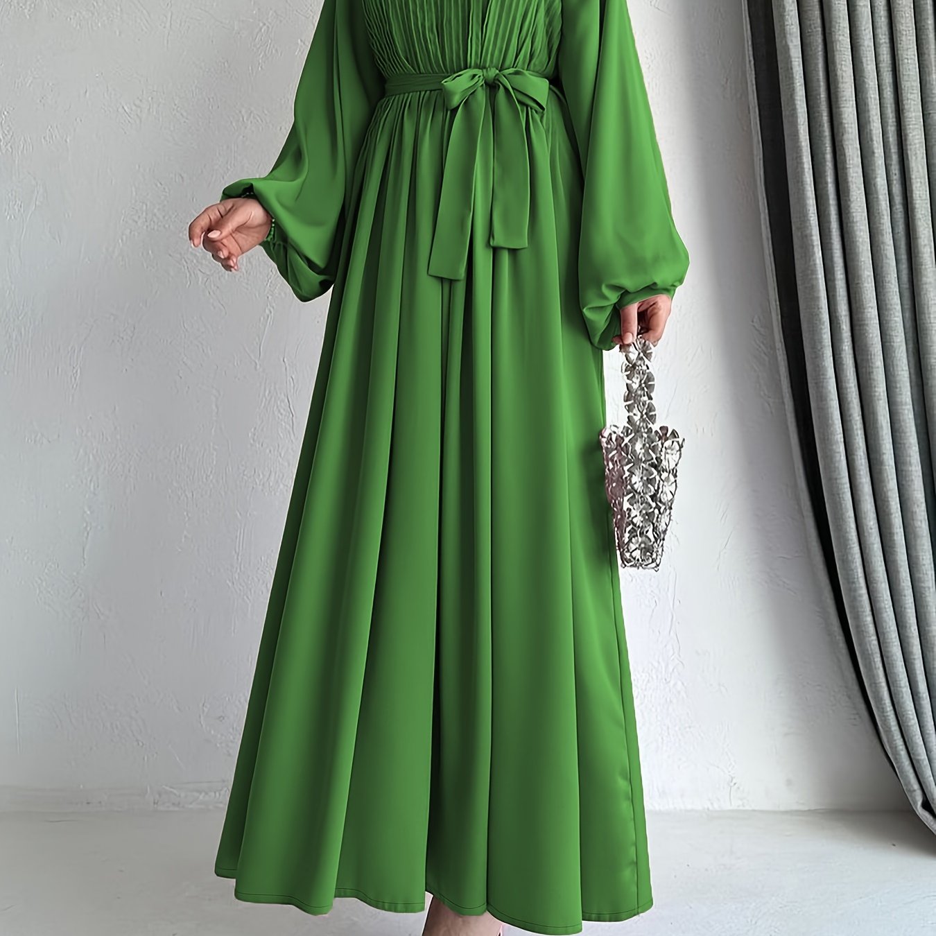 Solid Pleated Mock Neck Modest Dress, Elegant Lantern Sleeve Belted Ruffle Hem Maxi Dress, Women's Clothing