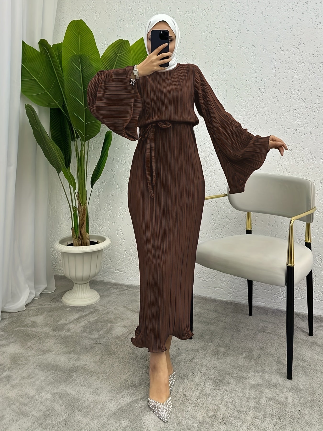 Solid Textured Belted Modest Dress, Elegant Flare Sleeve Simple Maxi Dress For Spring & Fall, Women's Clothing