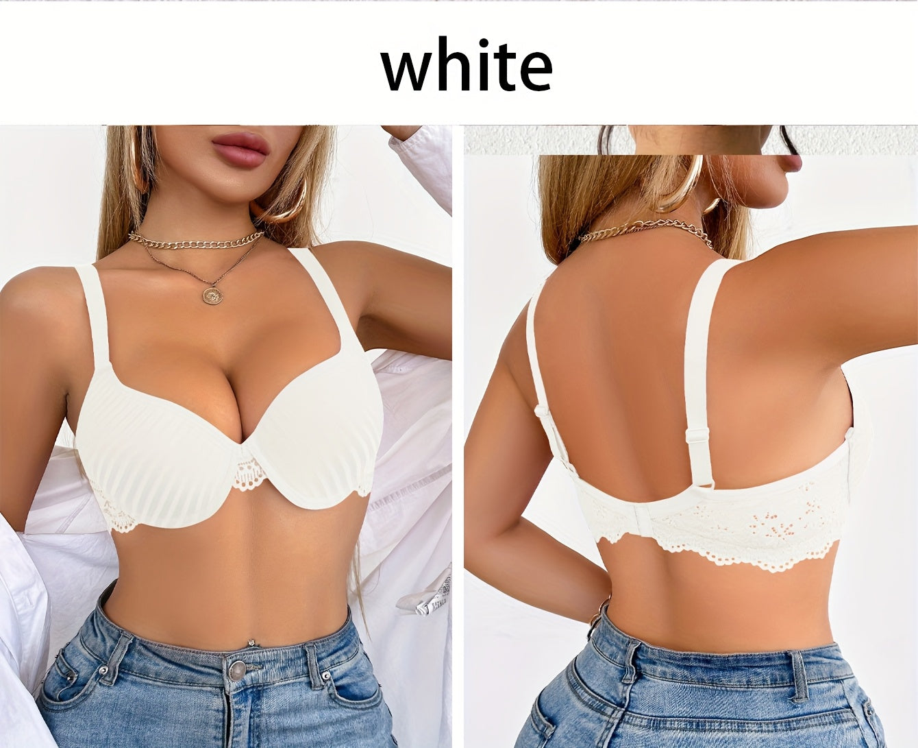 6pcs Women's Elegant Striped Push-Up Bra Set in Black, Beige, Red, White, Light Blue, Navy Blue - Soft, Breathable, Full Coverage Underwire Support with Lace Detailing | Comfortable Everyday Bras | Elegant Striped Bra Set | C