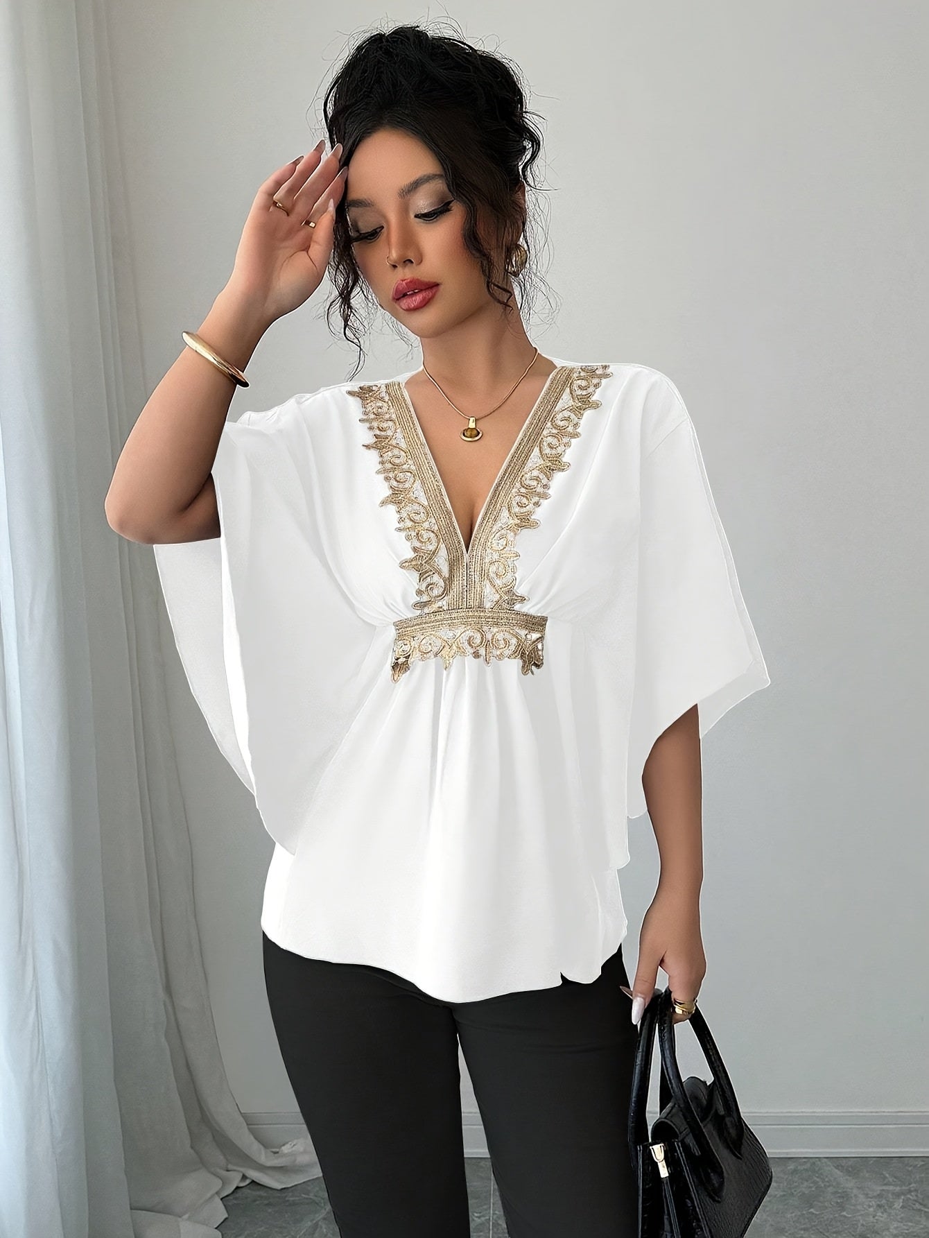 Elegant Women'S Lace Embellished Batwing Sleeve Blouse - V-Neck, Ruffle Trim, Solid Color, Cap Sleeve, Regular Length, Spring/Summer/Fall Fashion Top, Spring Summer Fashion | Vneck Blouse | Ruffle Detailing, Ladies Blouses