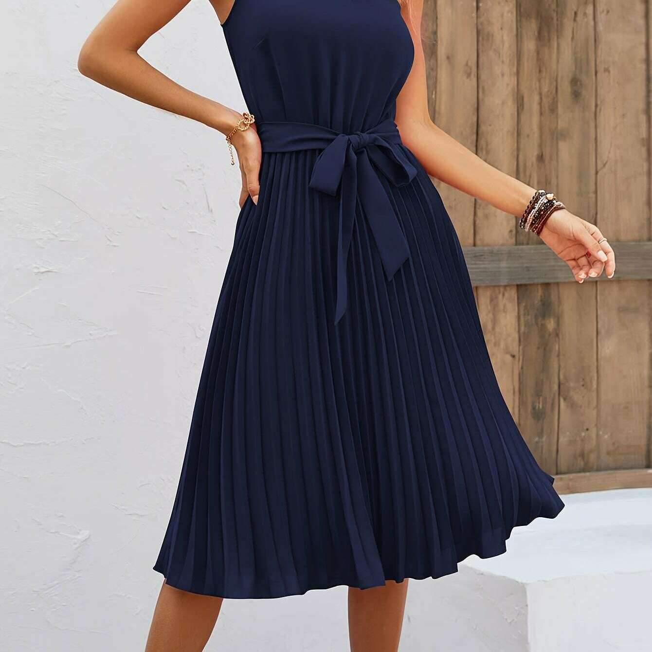 Women's Sleeveless Halter Pleated A-Line Summer Dress - D&M Boutique