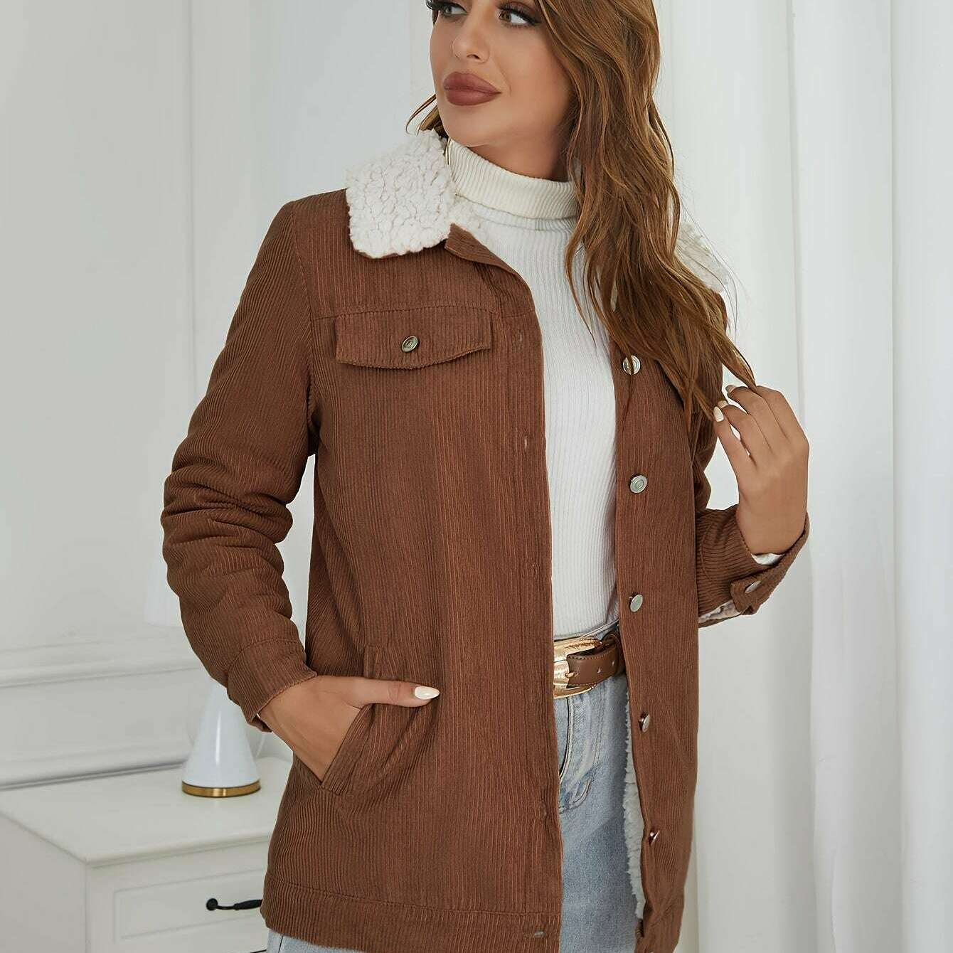 Women's Corduroy Sherpa Lined Button-Up Trucker Jacket