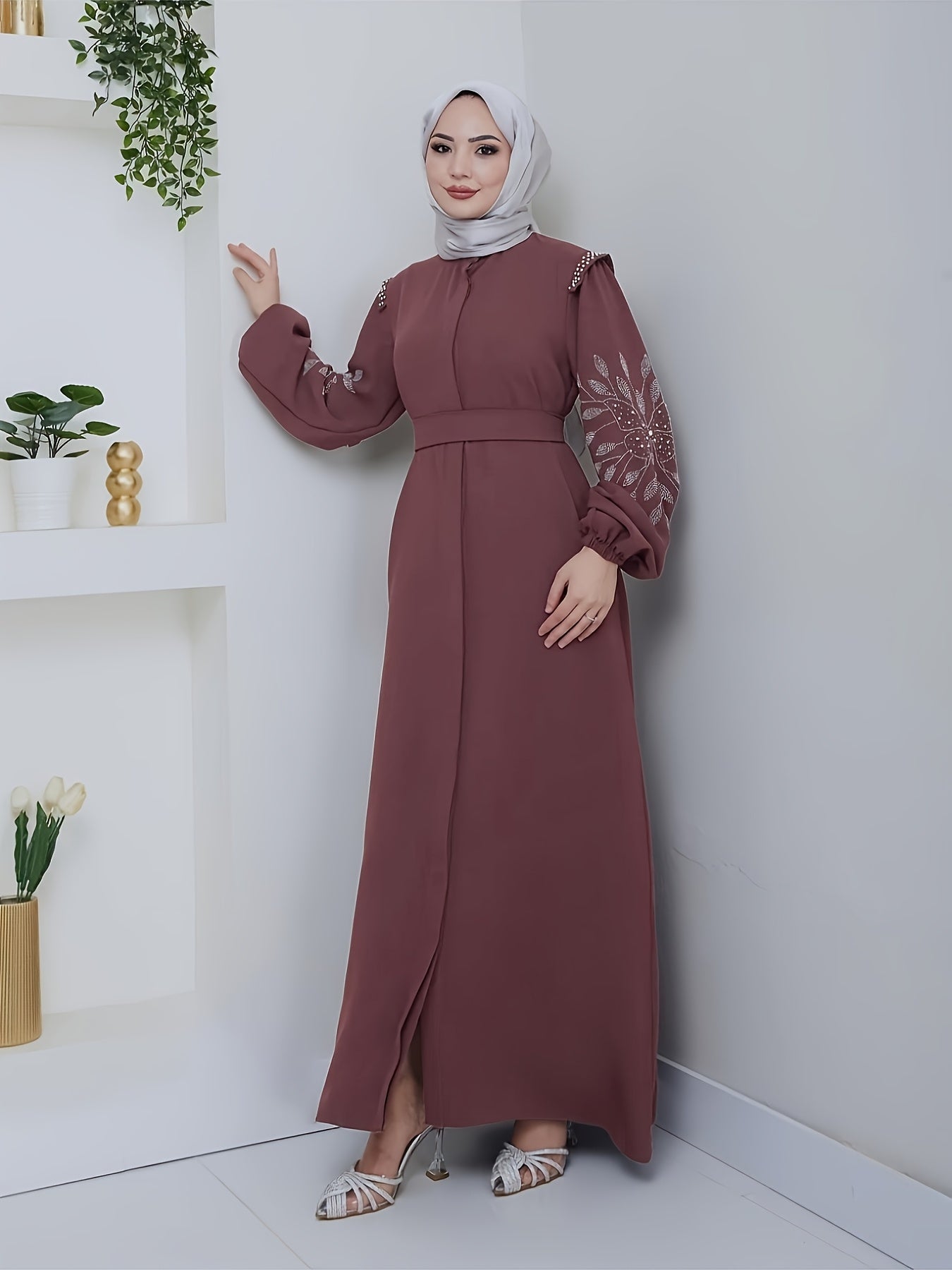 Elegant Black Abaya with Rhinestone Embellishments - Long Sleeve, Belted, All-Season Traditional Muslim Dress for Women, Islamic Fashion, Sophisticated Craftsmanship