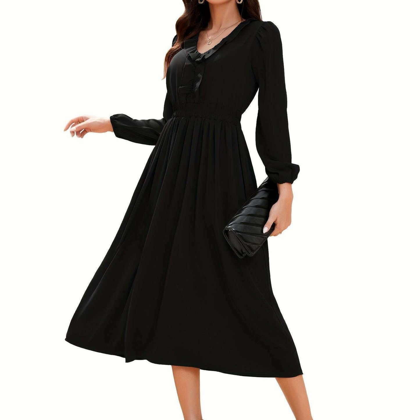 Long Sleeve Elegant Party Dress with Pleats & Ruffles - D&M Boutique