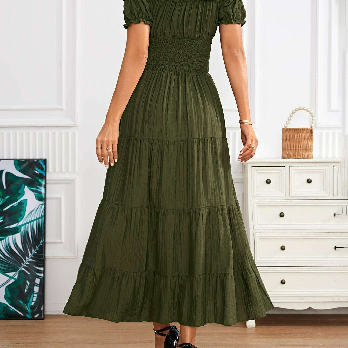 Off Shoulder Shirred Waist Dress, Elegant Aline Smocked Maxi Dress For Spring & Summer, Women's Clothing