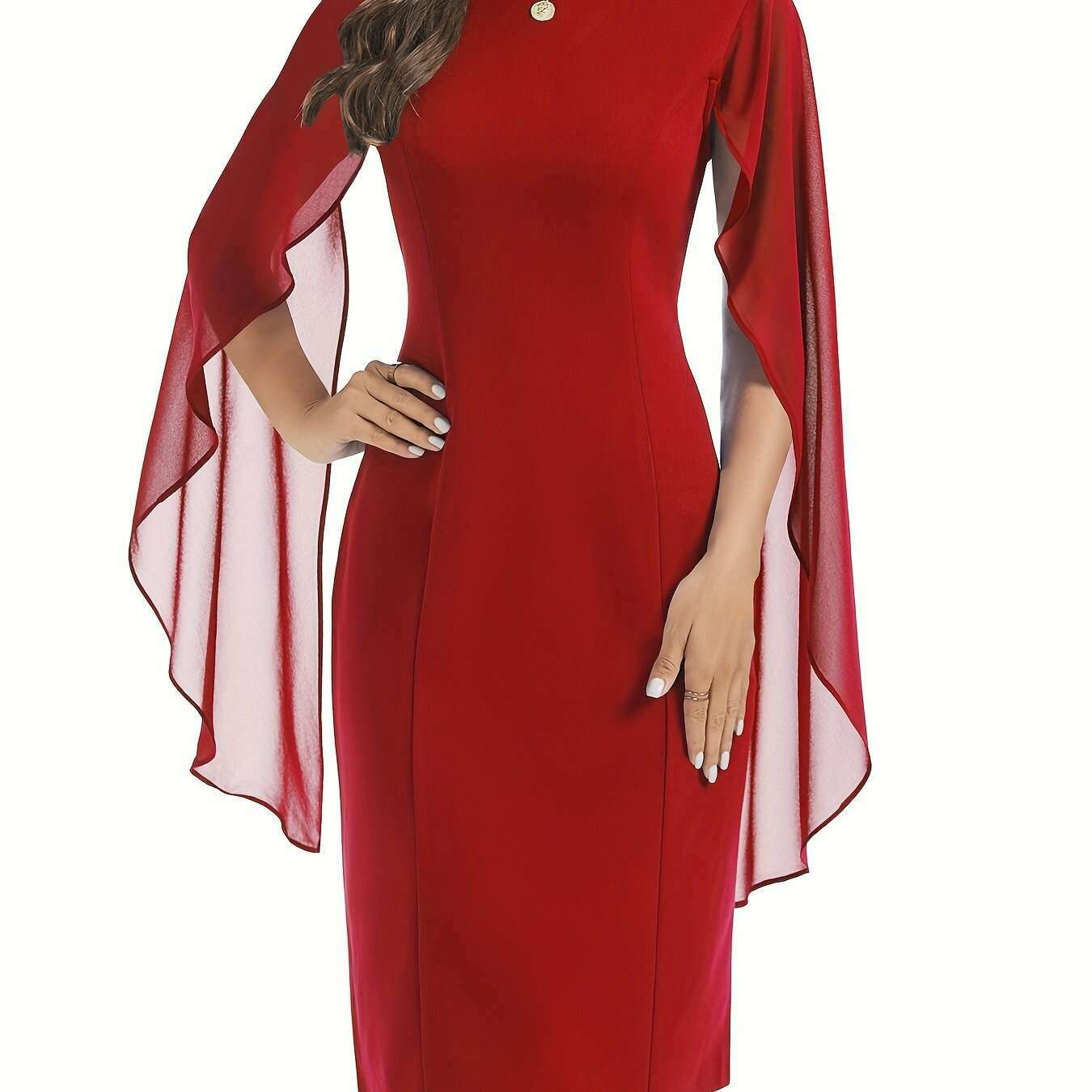 Elegant Midi Bodycon Dress with Cape Sleeves and Slit Hem - D&M Boutique