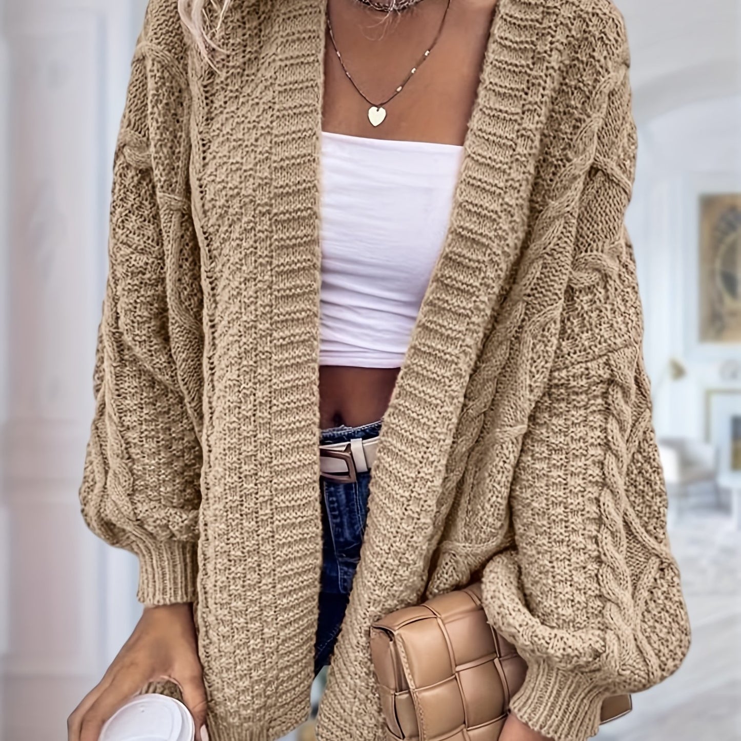 Women's Oversized Chunky Cable Cardigan Sweater Coat - Soft Pink Open Front Long Sleeve Winter Coat with Button-Free Closure, Cozy Fall & Winter Sweater for Casual Semi-Formal Outfits