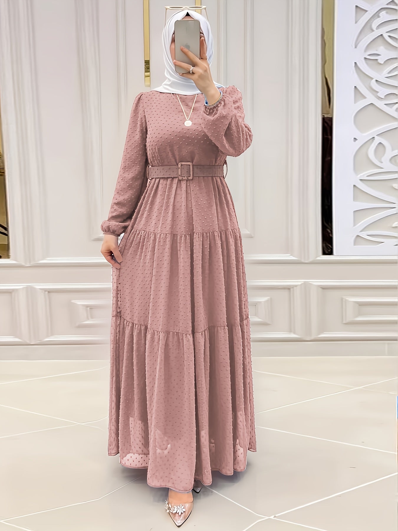 Women's Elegant Muslim Abaya Dress - Soft Pink Islamic Robe with Waist Belt, Flowy Long Dress for Everyday & Special Occasions, Machine Washable Modest Muslim Outfit (No Headscarf Included) - Middle Eastern Formal attire, Mus