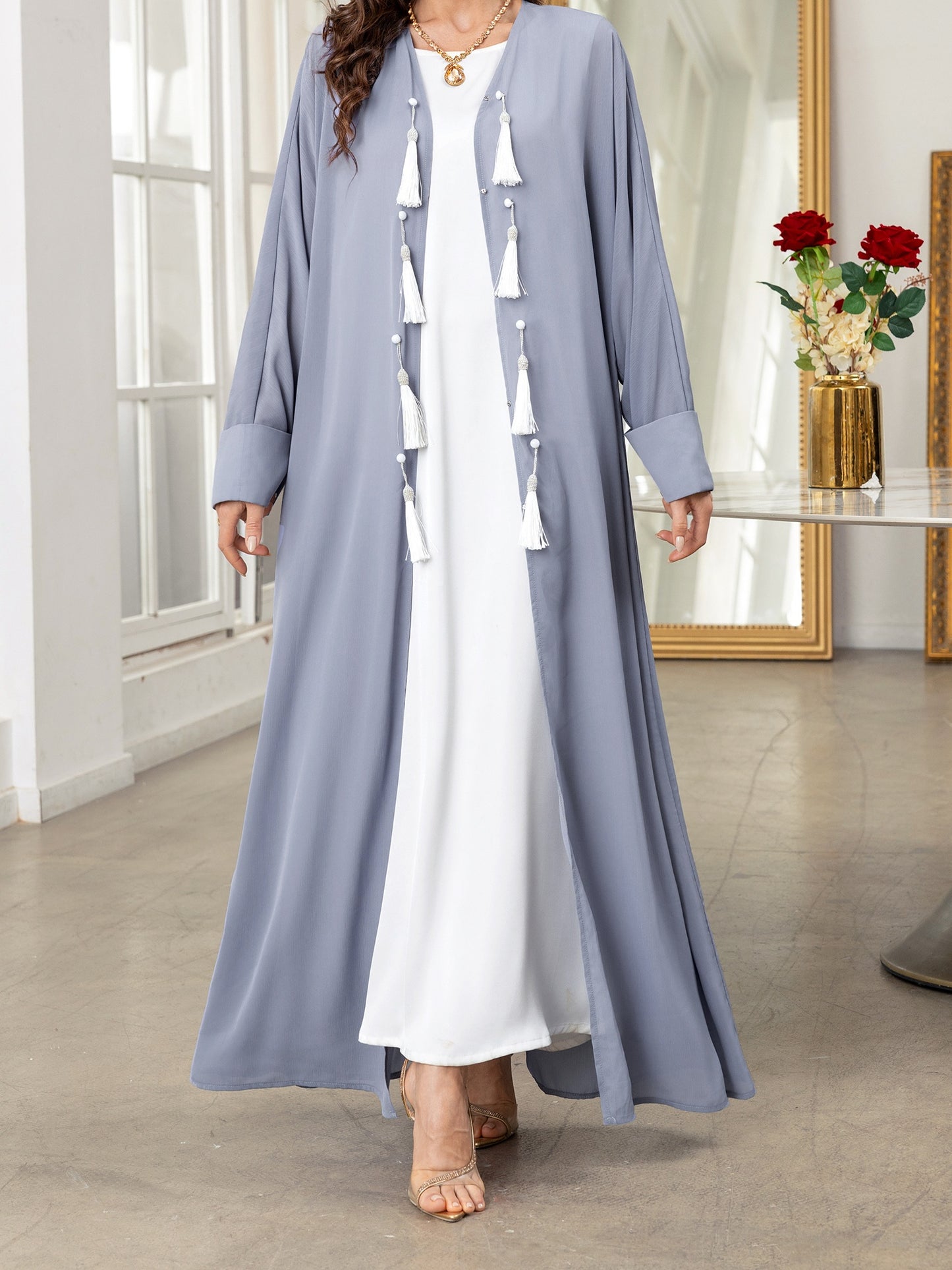 Elegant Gray Long Sleeve Tassel Cardigan - Women’s Loose Fit Caftan Gown for All Seasons, Casual Polyester Robe with Draped Design, Machine Washable