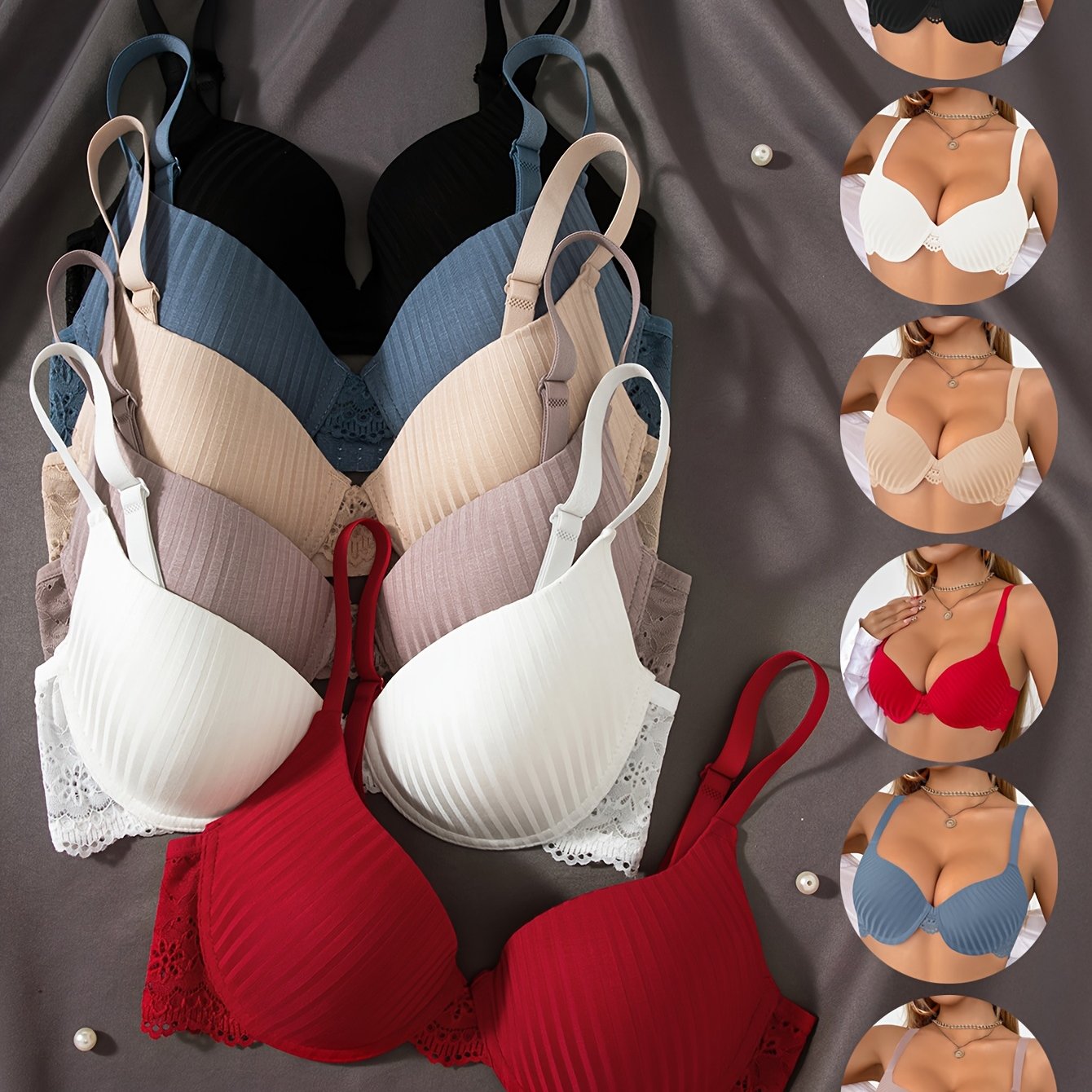 6pcs Women's Elegant Striped Push-Up Bra Set in Black, Beige, Red, White, Light Blue, Navy Blue - Soft, Breathable, Full Coverage Underwire Support with Lace Detailing | Comfortable Everyday Bras | Elegant Striped Bra Set | C