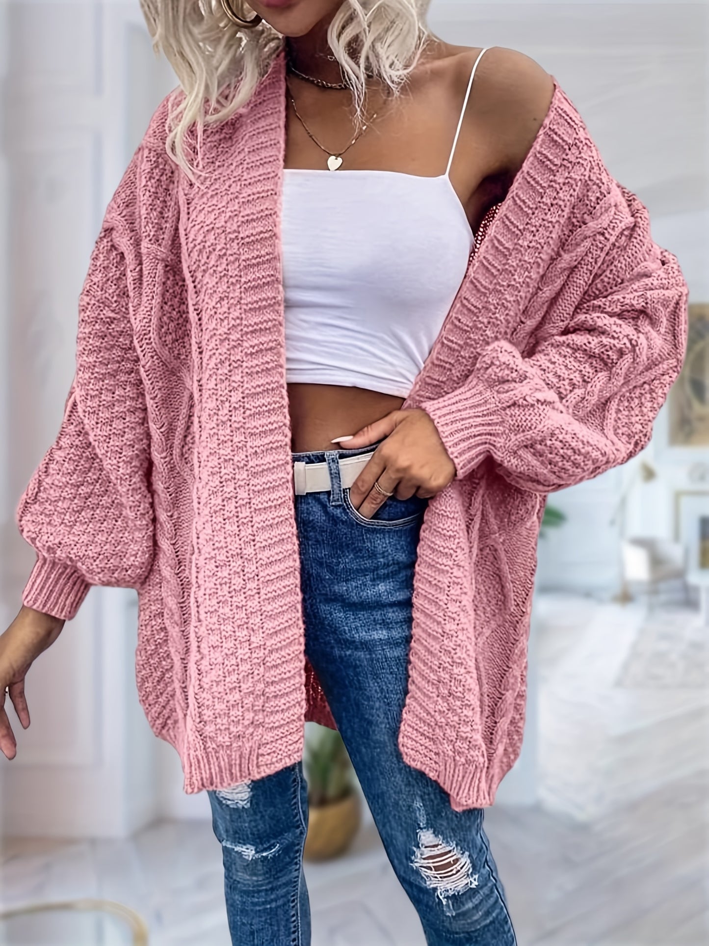 Women's Oversized Chunky Cable Cardigan Sweater Coat - Soft Pink Open Front Long Sleeve Winter Coat with Button-Free Closure, Cozy Fall & Winter Sweater for Casual Semi-Formal Outfits