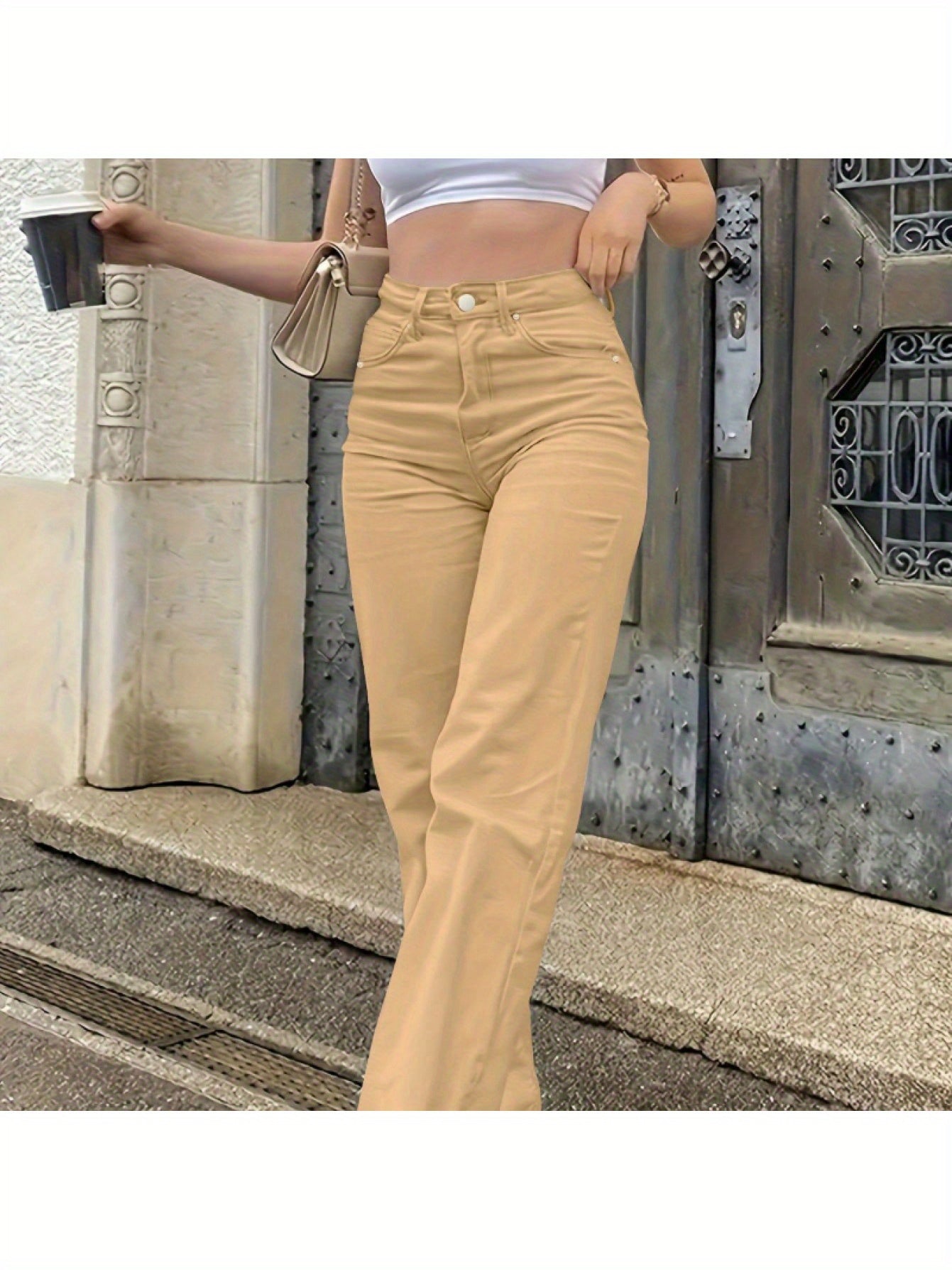 Women'S High-Waisted Straight-Leg Jeans - Stretch Denim with Pockets, Beige, Casual & Workplace Style, Mid-Rise, Flared Design, Perfect for Spring Commuting, High Waisted Jeans