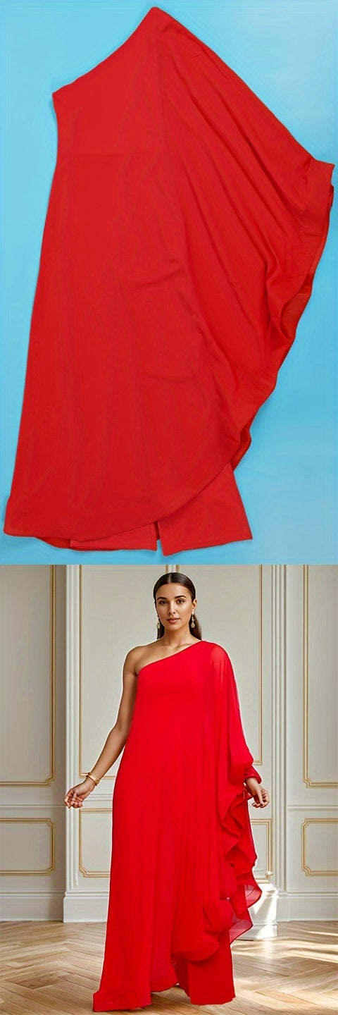 PORRCEY Sexy Single Shoulder Ruffled Sleeveless Solid Color Patchwork Elastic Jumpsuit