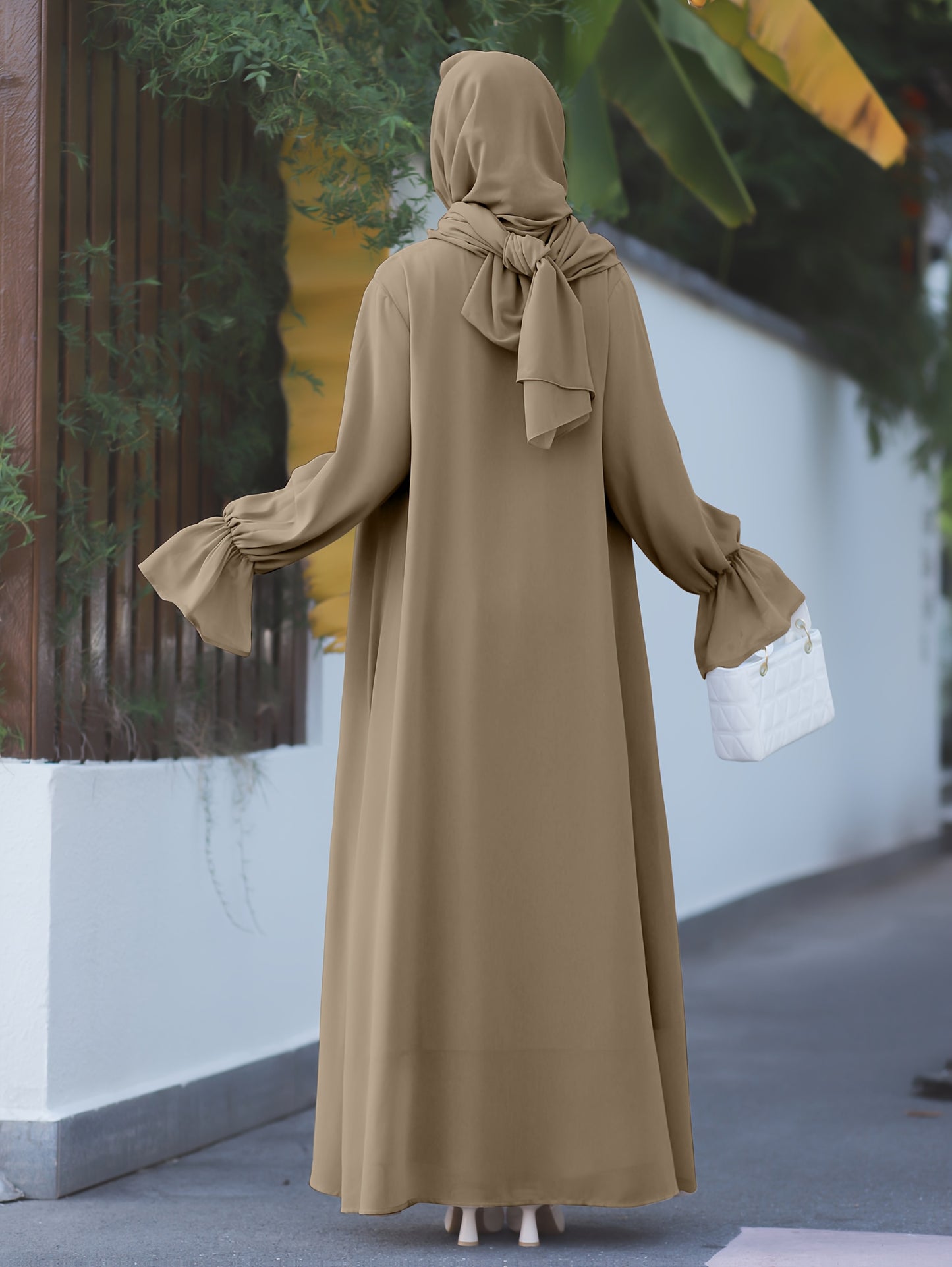 Middle Eastern Muslim Elegant Chiffon Abaya Set with Vest and Belted Outer Wrap