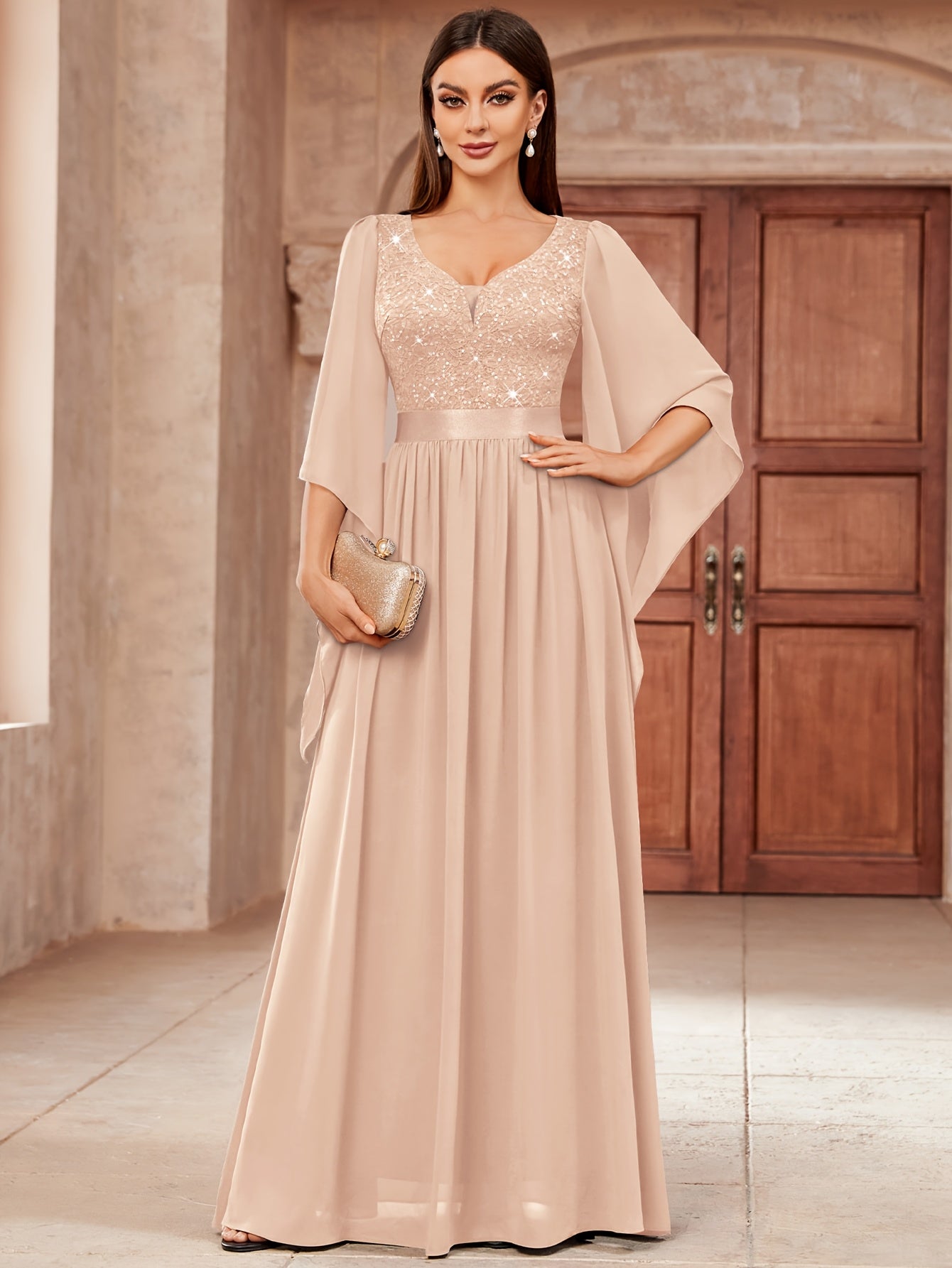 Deep V-Neck Lace Gown – Fit & Flare Sequin Dress