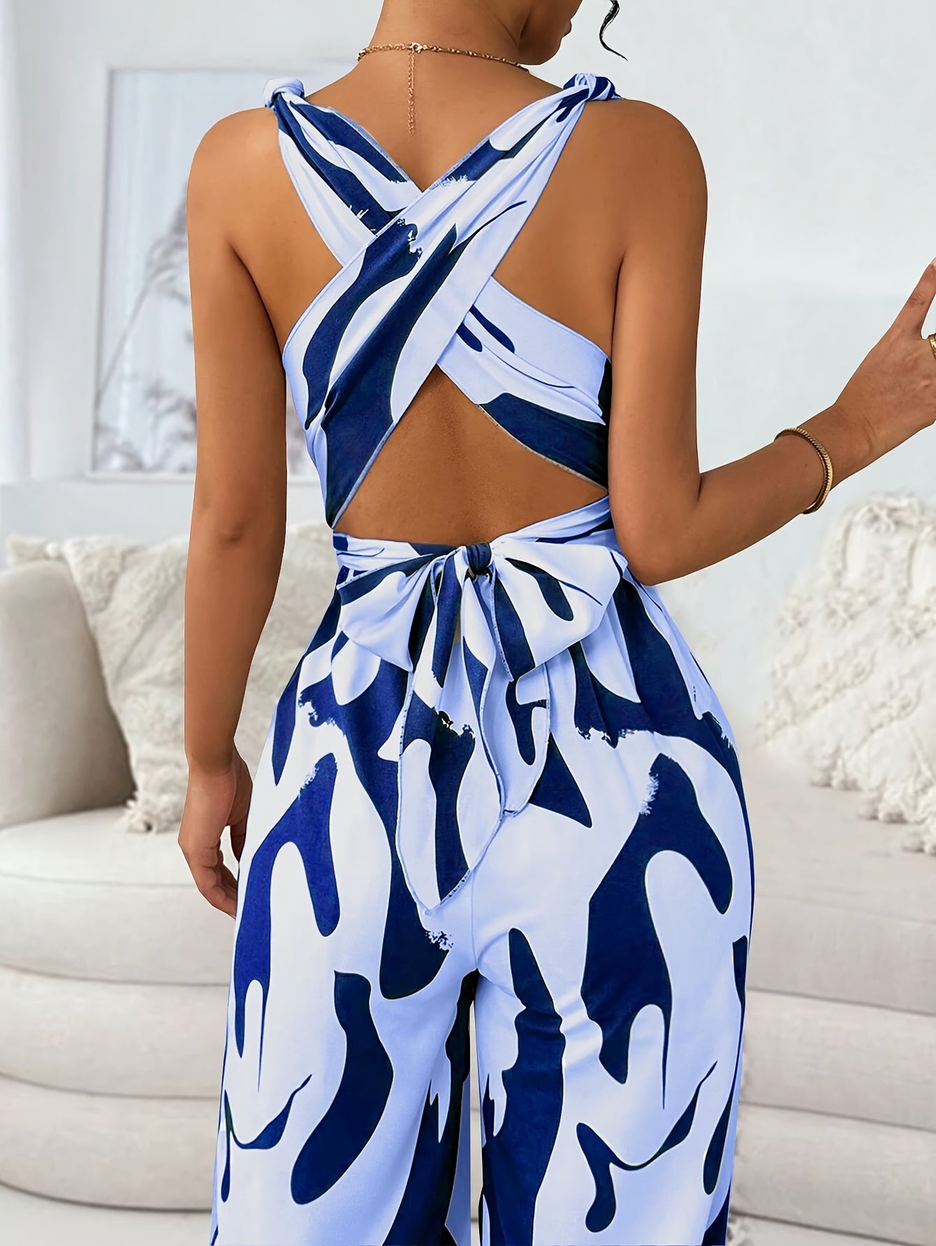 1pc Women'S Fashionable Random Print Backless Jumpsuit