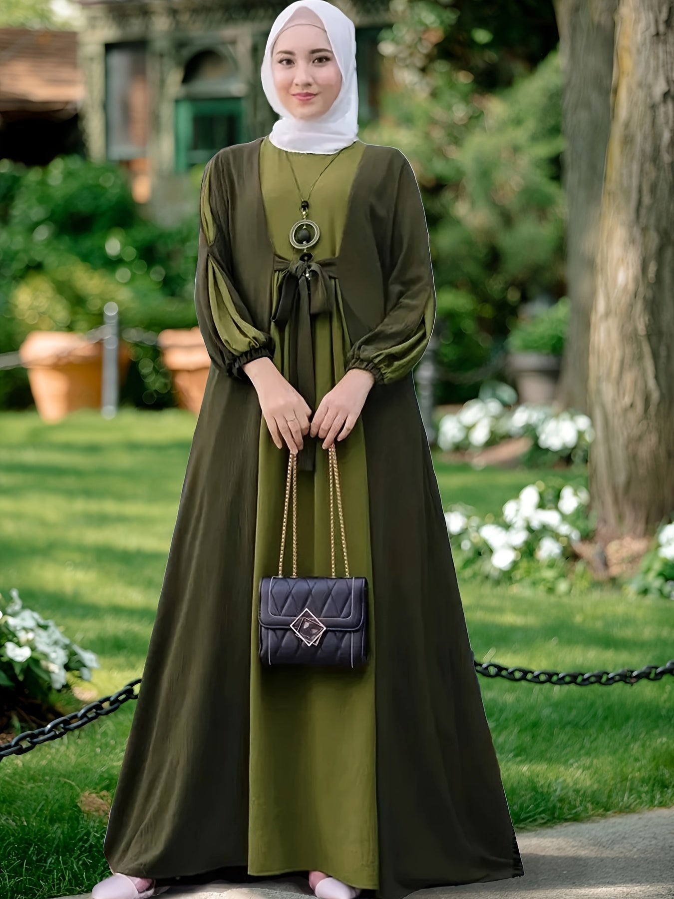 Ramadan Elegant Tie Front Kaftan Dress - Abayas with Long Sleeve, Maxi Length, Color Block Design, Women's Clothing for Special Occasions - Classic, Modest, and Chic Fashion