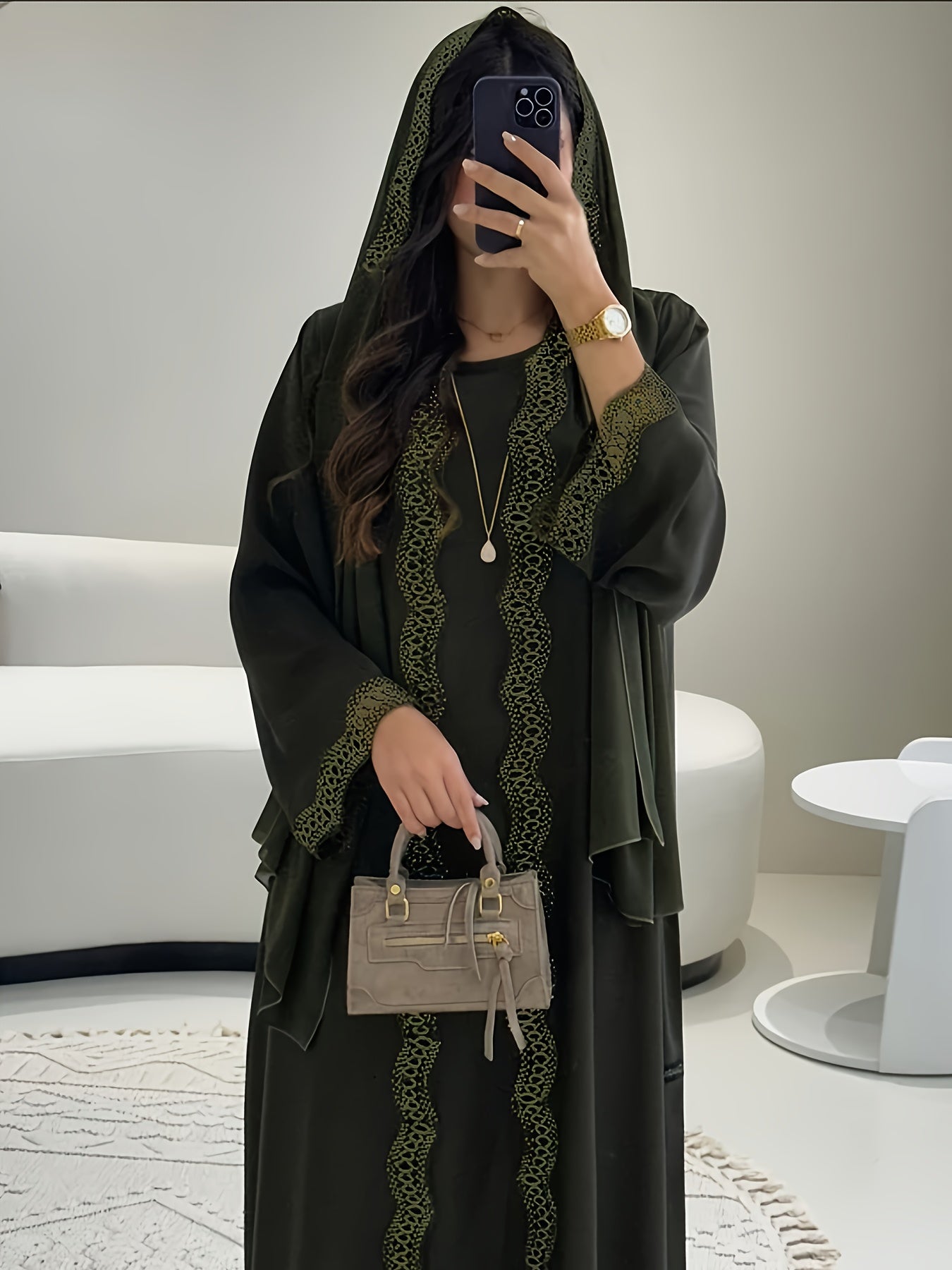 3pcs Middle Eastern Abaya Robe Set - Modest Long Sleeve Lace-Trimmed Abaya with Headscarf, Solid Color, Non-Stretch Fabric, Regular Sleeve, All-Season Wear, Loose Fit, H-Line Silhouette, Islamic Fashion, Modest Apparel | Lace