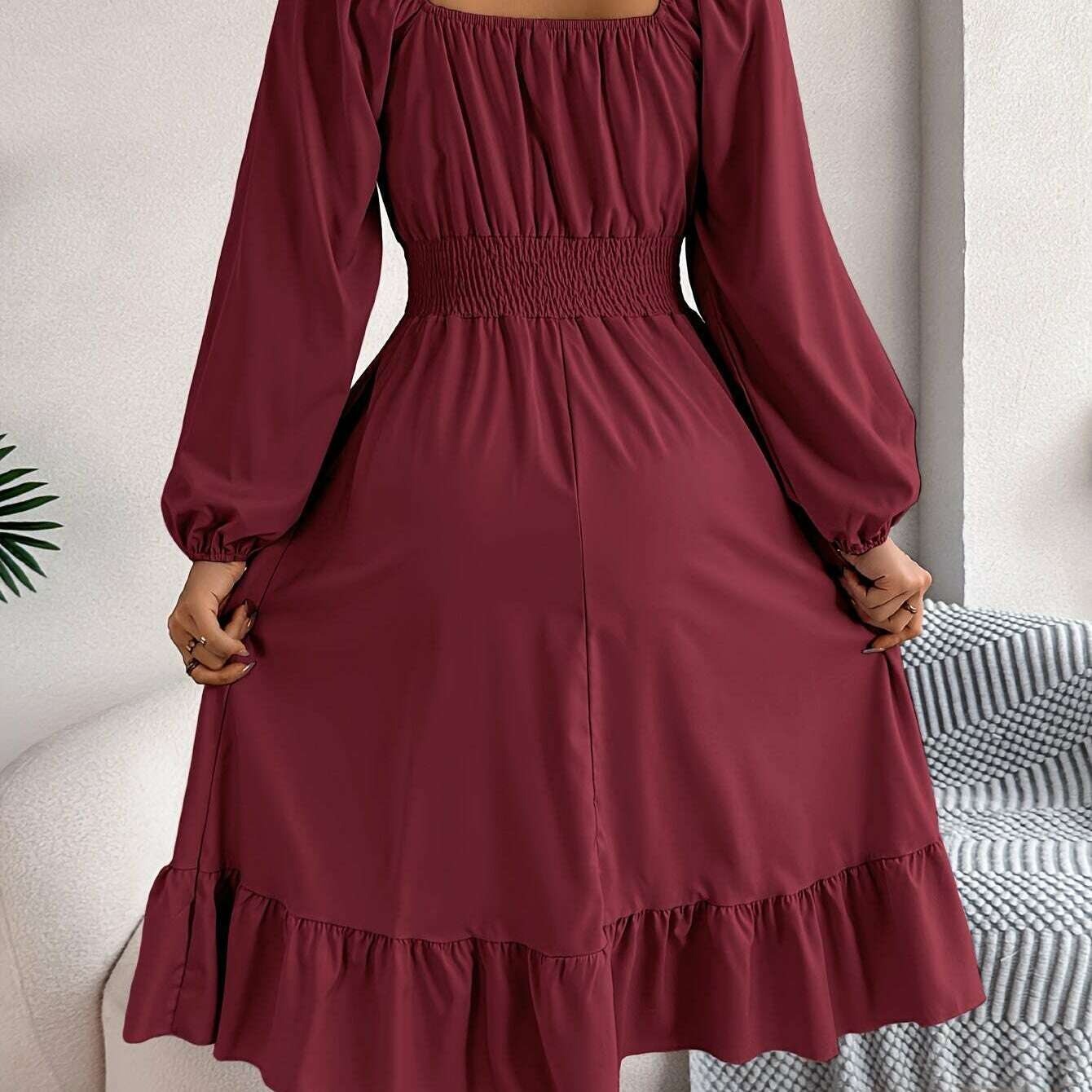 Ruffle Hem Lantern Sleeve A-line Dress, Elegant Solid Color Square Neck Backless Shirred Dress, Women's Clothing