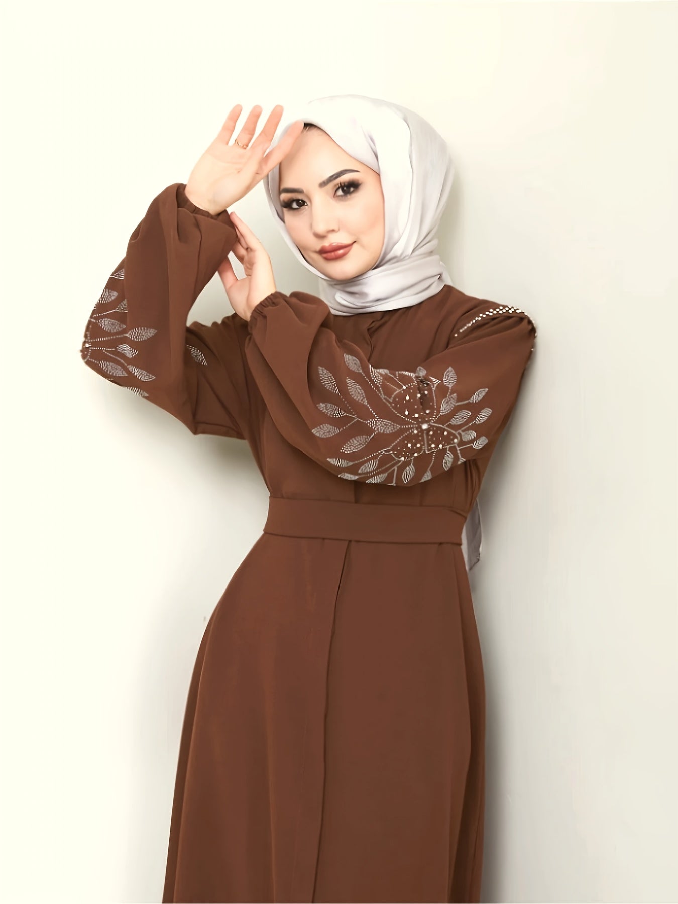 Elegant Black Abaya with Rhinestone Embellishments - Long Sleeve, Belted, All-Season Traditional Muslim Dress for Women, Islamic Fashion, Sophisticated Craftsmanship