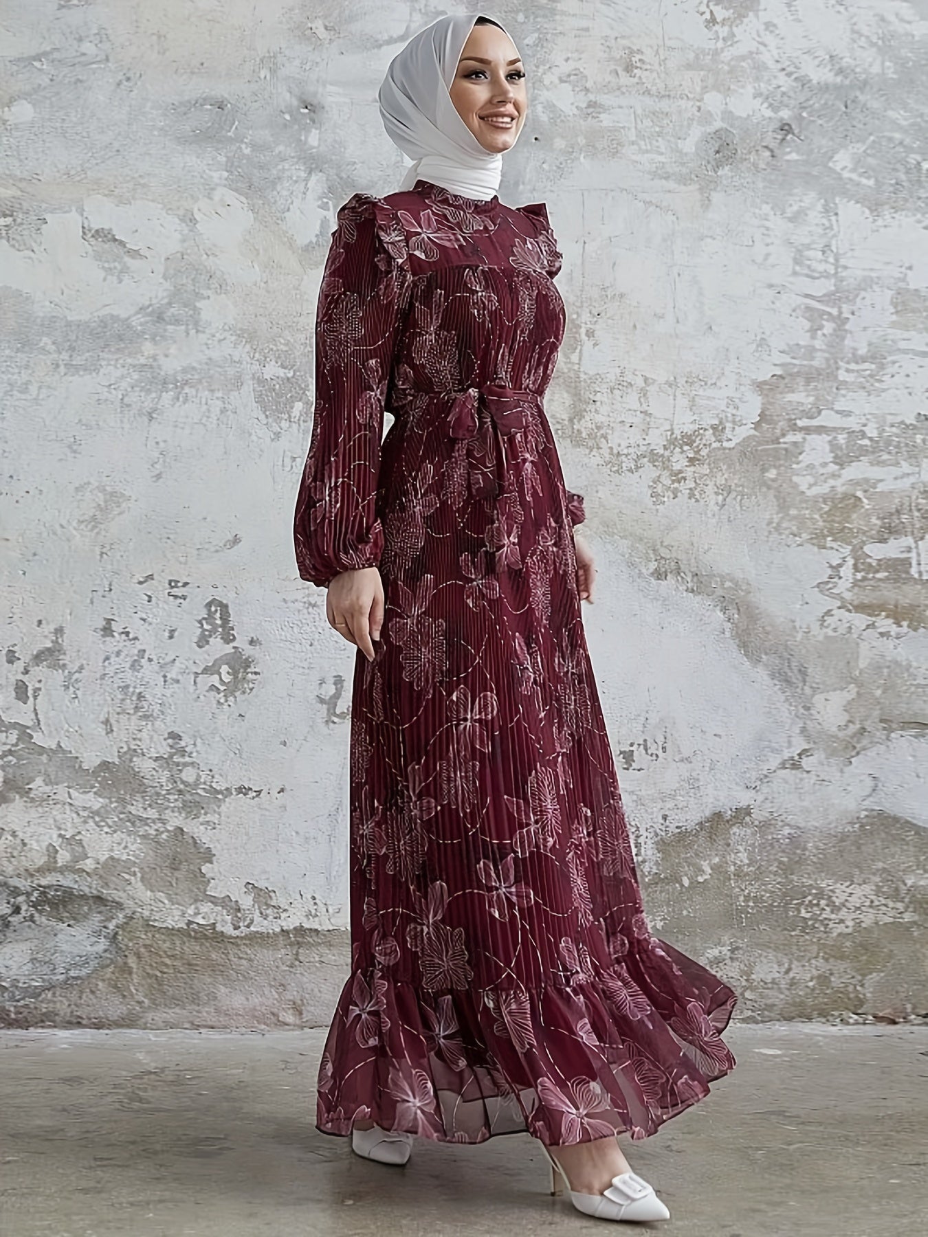 Stunning Floral Print Crew Neck Long Sleeve Abaya Dress - Elegant Ruffle Hem Maxi Length, Belted, Polyester, Machine Washable, Woven, Middle Eastern Style Womens Clothing for All Seasons