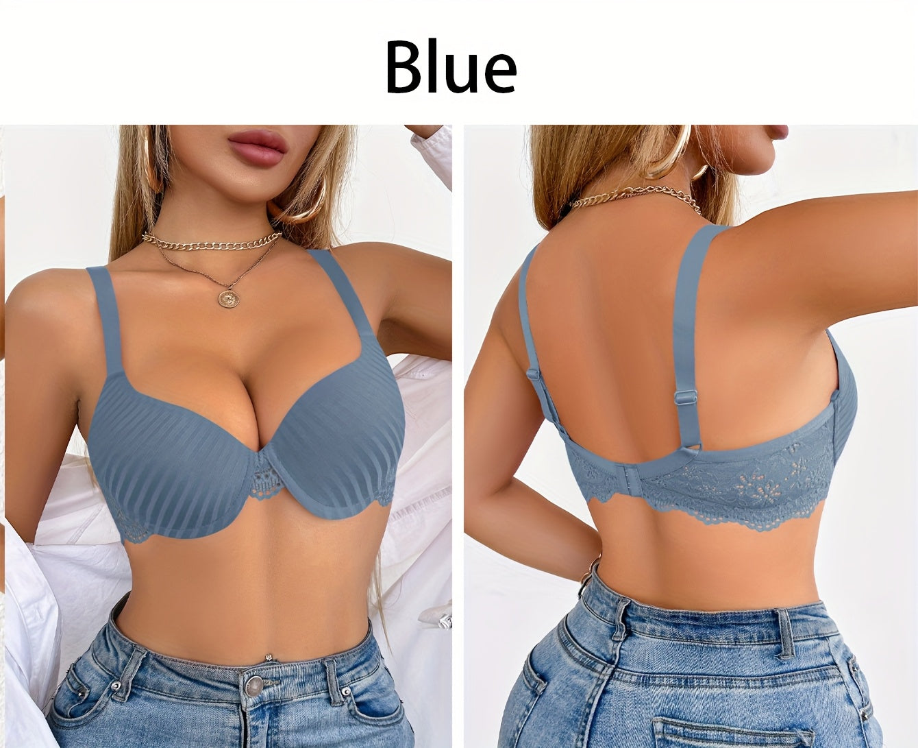 6pcs Women's Elegant Striped Push-Up Bra Set in Black, Beige, Red, White, Light Blue, Navy Blue - Soft, Breathable, Full Coverage Underwire Support with Lace Detailing | Comfortable Everyday Bras | Elegant Striped Bra Set | C