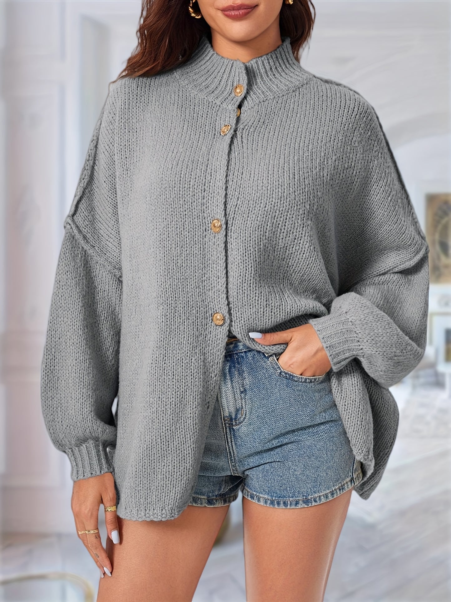 Women'S Fall Oversized Cardigan, Button Chunky Knit With Long Lantern Sleeves – Cozy Sweater Coat