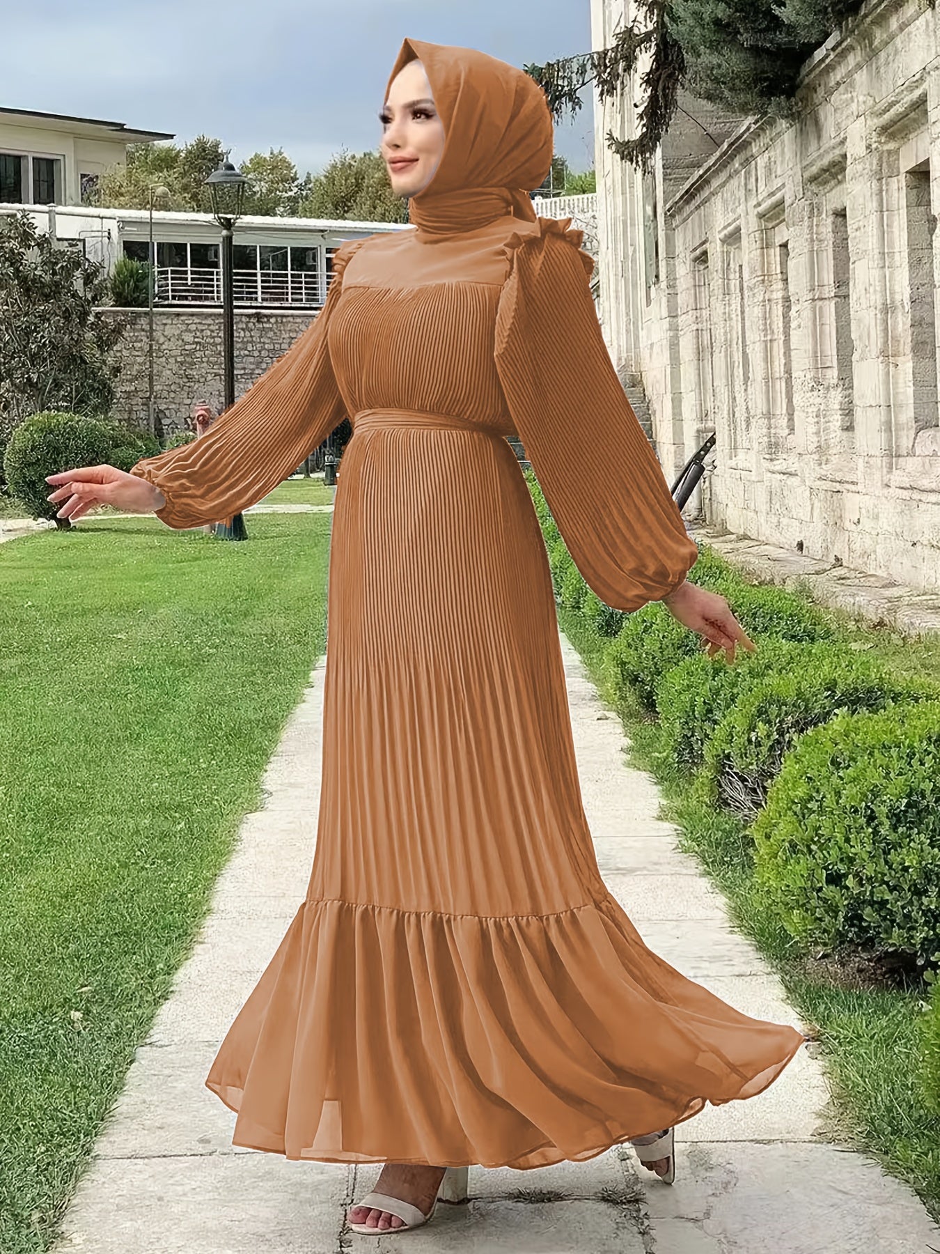 Women's Middle Eastern Muslim Abaya Kaftan Dress - Modest Long Sleeve Ruffled Hem Solid Color Traditional Dress with Belt, Machine Washable All-Season Casual Wear, Modest Apparel | Soft Texture