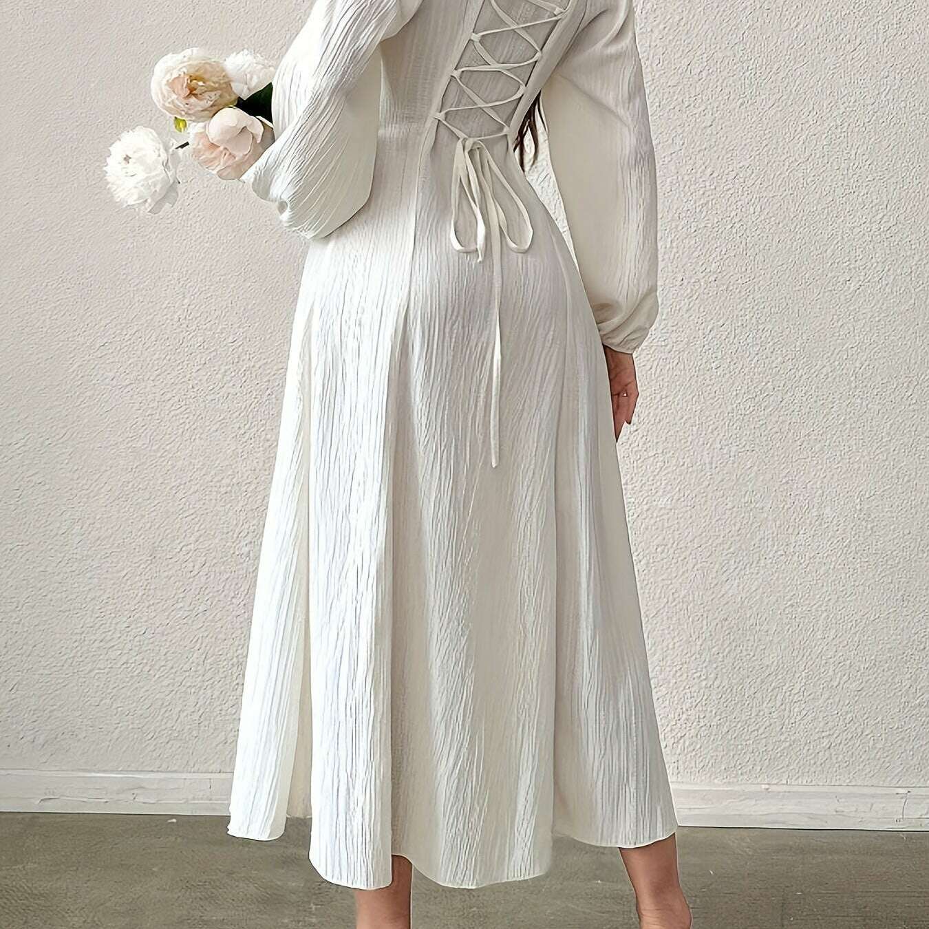Textured Cross Tie Lantern Sleeve Dress – Elegant & Romantic