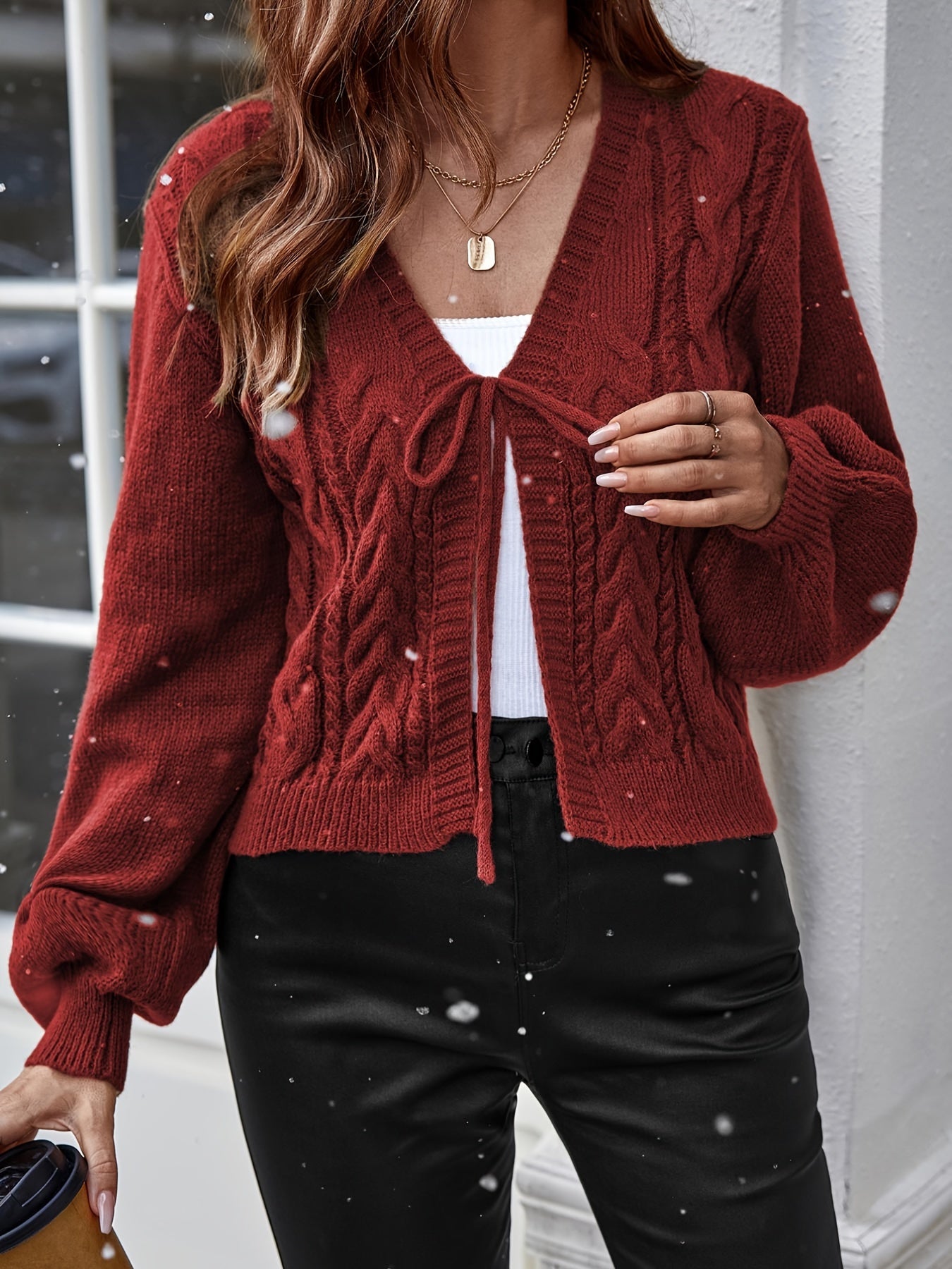 Long Sleeve Solid Color Polyester Cardigan - Elegant Casual Knit Sweater with V-Neck, Tassel Detail, and Drawstring for All Seasons
