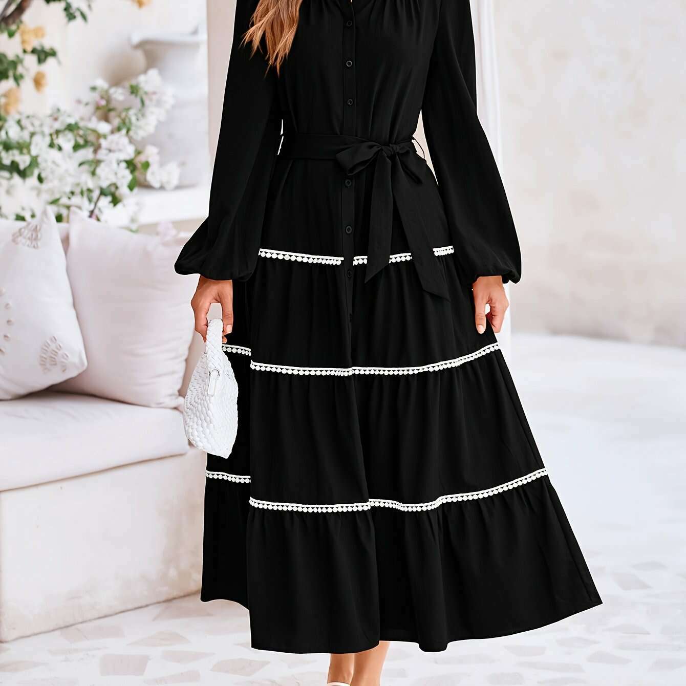 Women'S Spring Casual Dress Loose Drawstring Lantern Sleeve Long Sleeve Tier Dress With Pockets