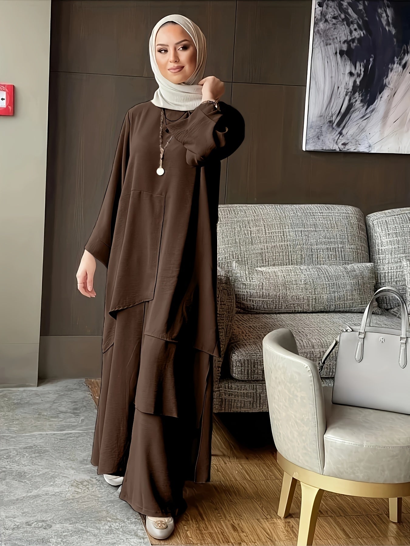 Muslim Women's Round Neck Abaya and Wide-Leg Pants Set, Middle Eastern Two-Piece Abayas with Round Neck