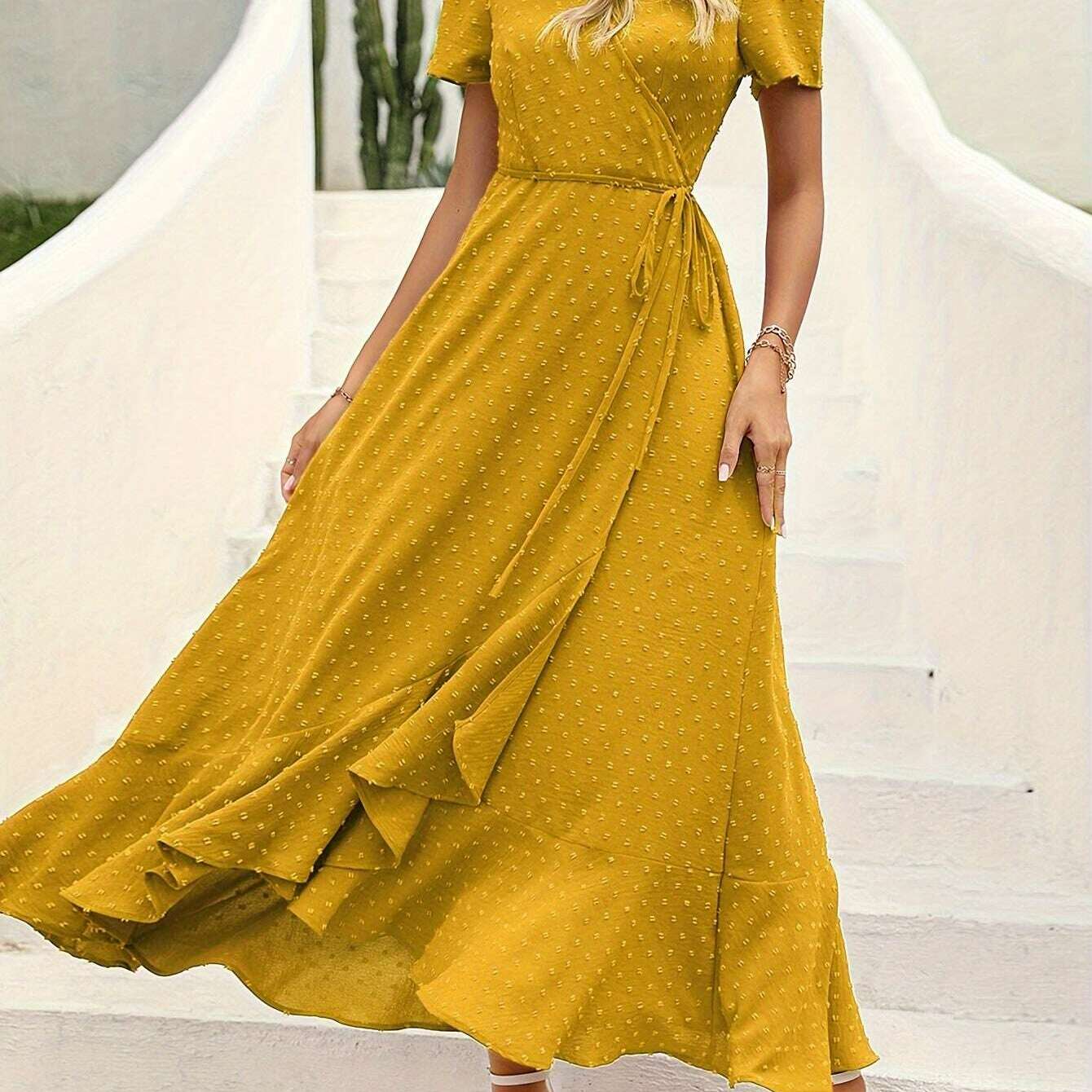Elegant Women's Swiss Dot Surplice Neck Maxi Dress - D&M Boutique