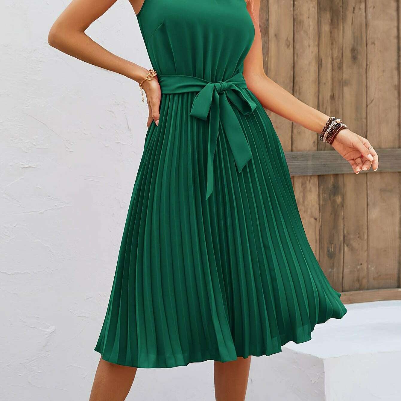 Women's Sleeveless Halter Pleated A-Line Summer Dress - D&M Boutique