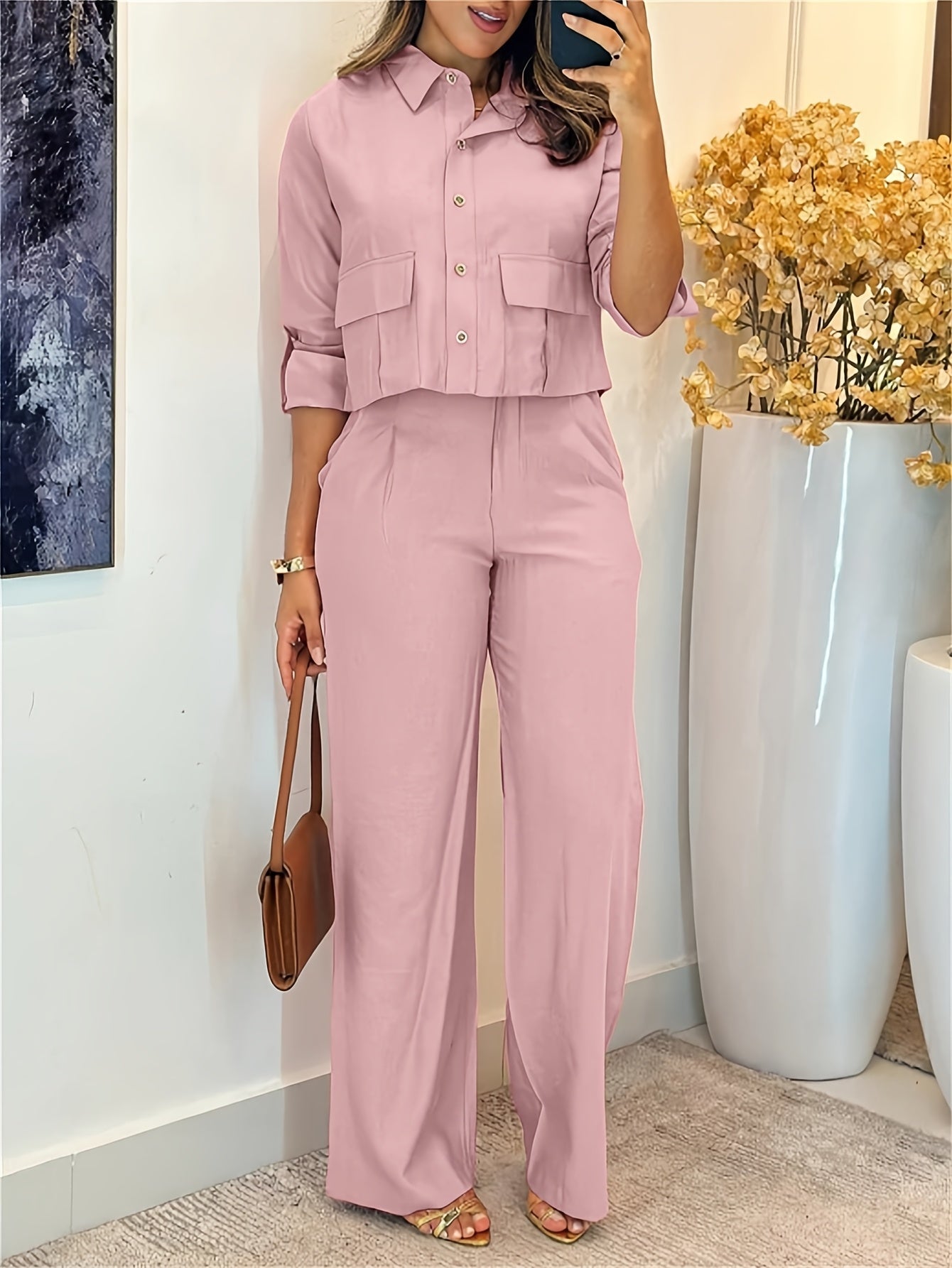 Women’s Shirt & Pants Set – Long Sleeve & Wide Leg