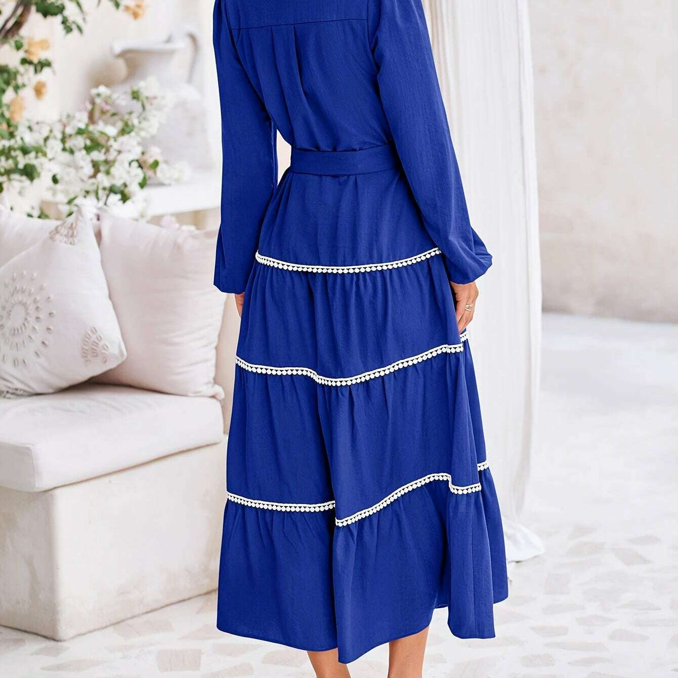 Women'S Spring Casual Dress Loose Drawstring Lantern Sleeve Long Sleeve Tier Dress With Pockets